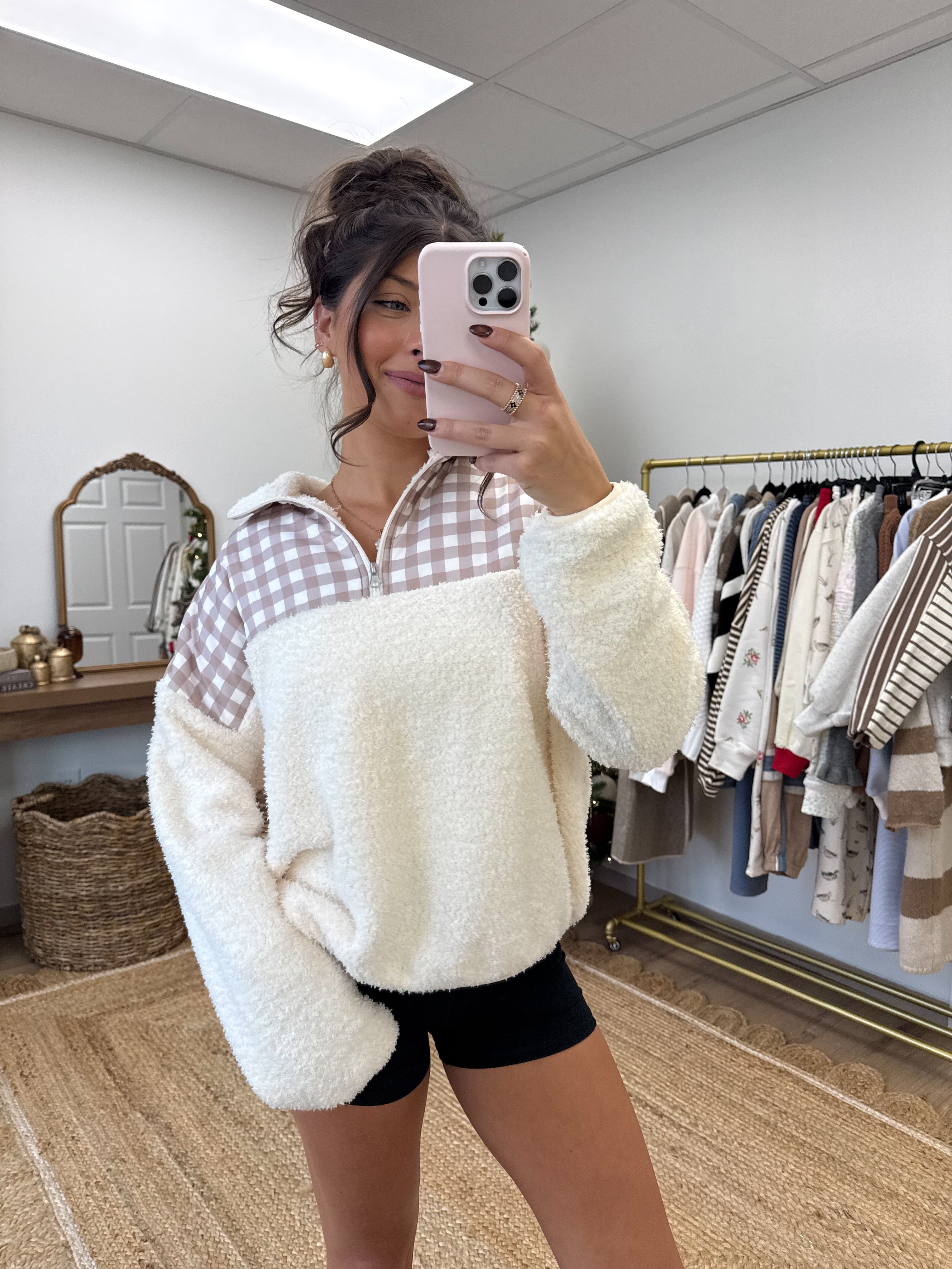 Gingham Sherpa Pullover
