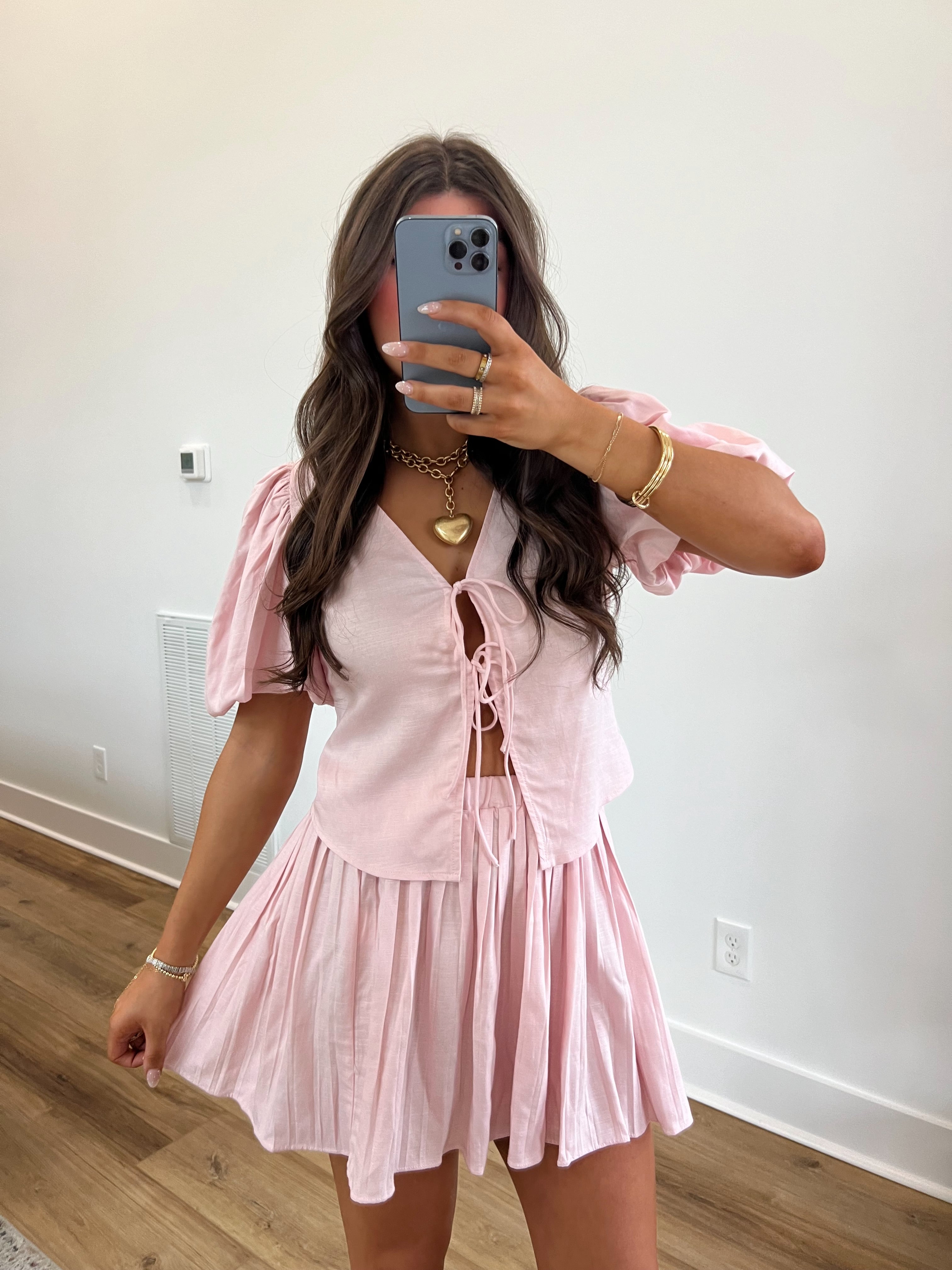 Aria Baby Pink Pleated Skirt Set