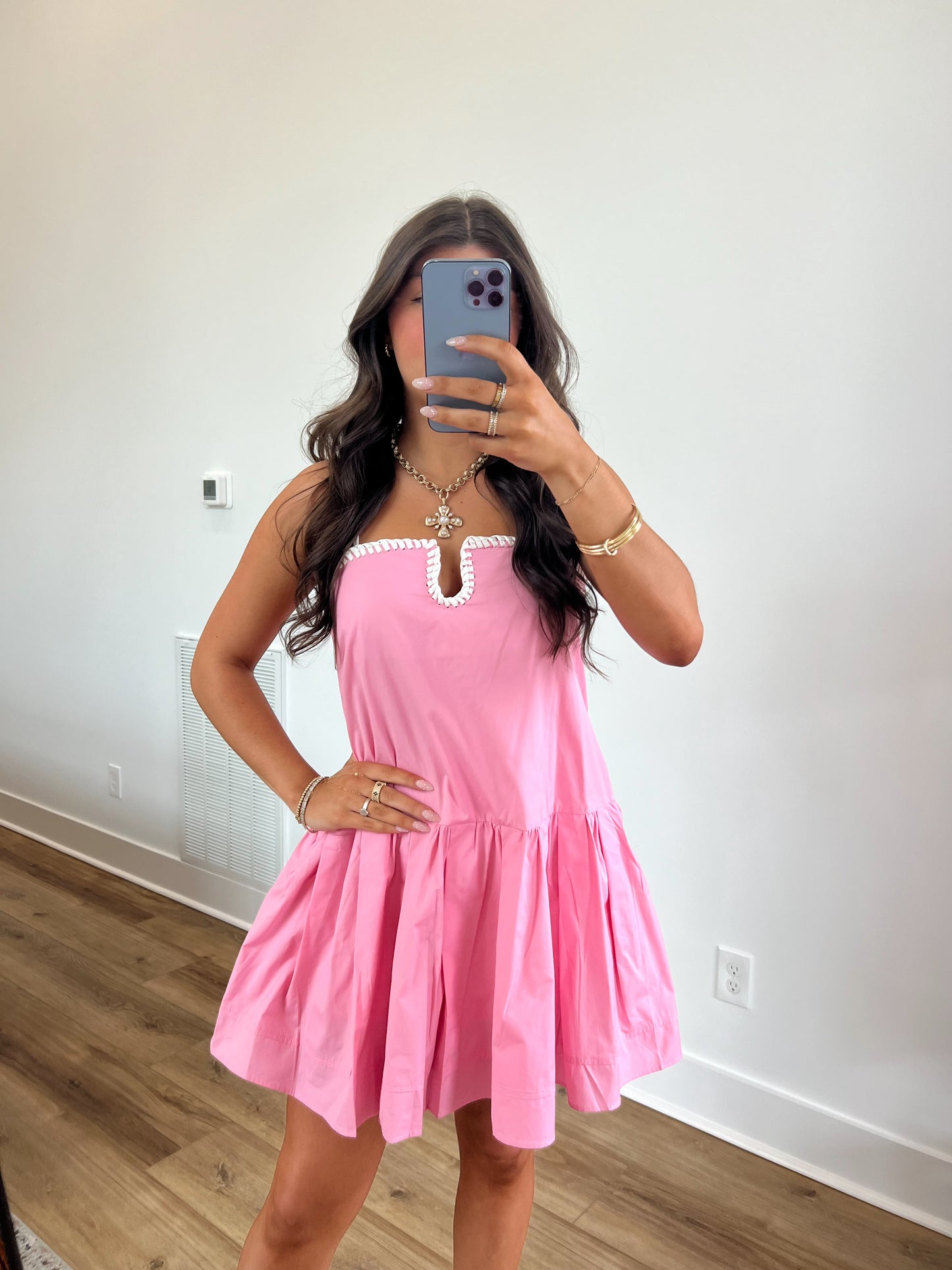 Pink Contrast Stitch Mini Dress
