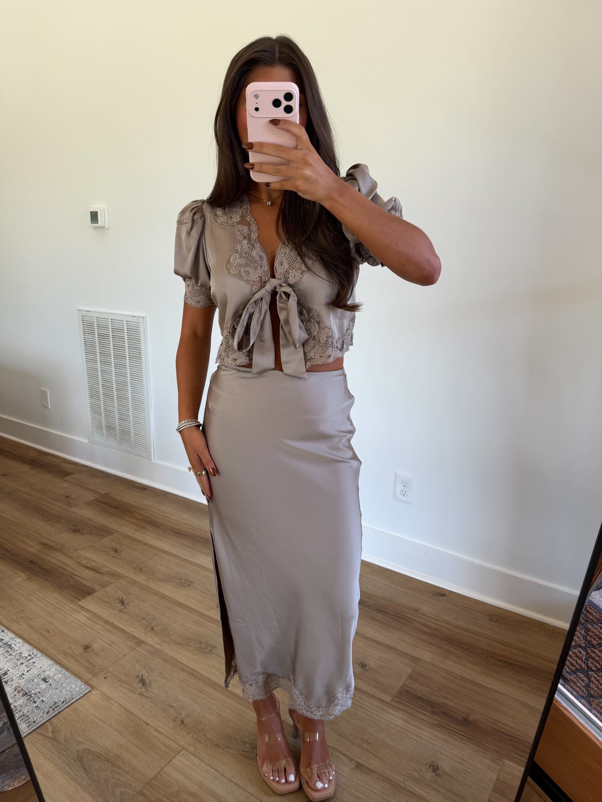 Taupe Satin Tie Lace Set