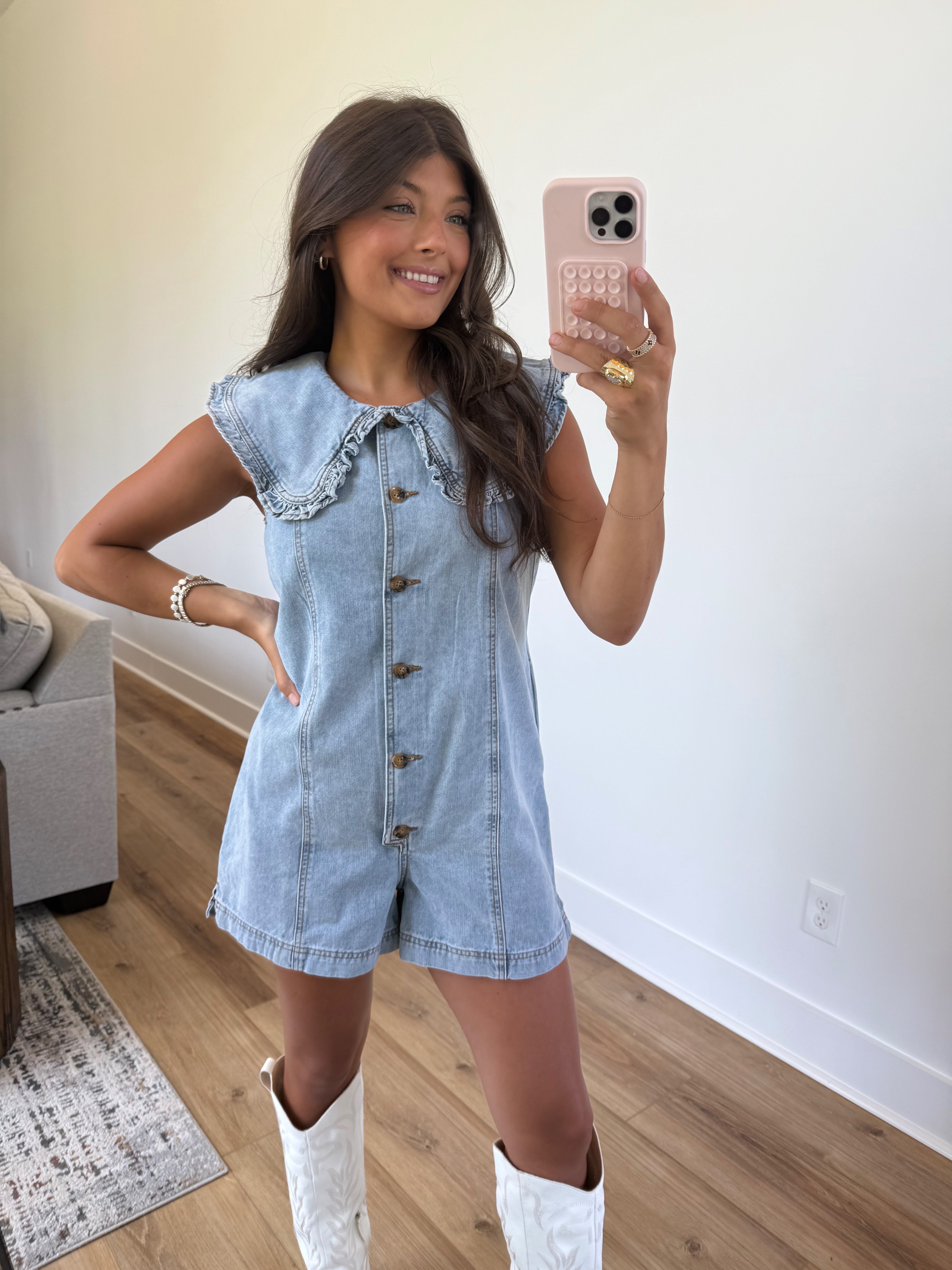 Collar Me Cute Romper (Light Denim)