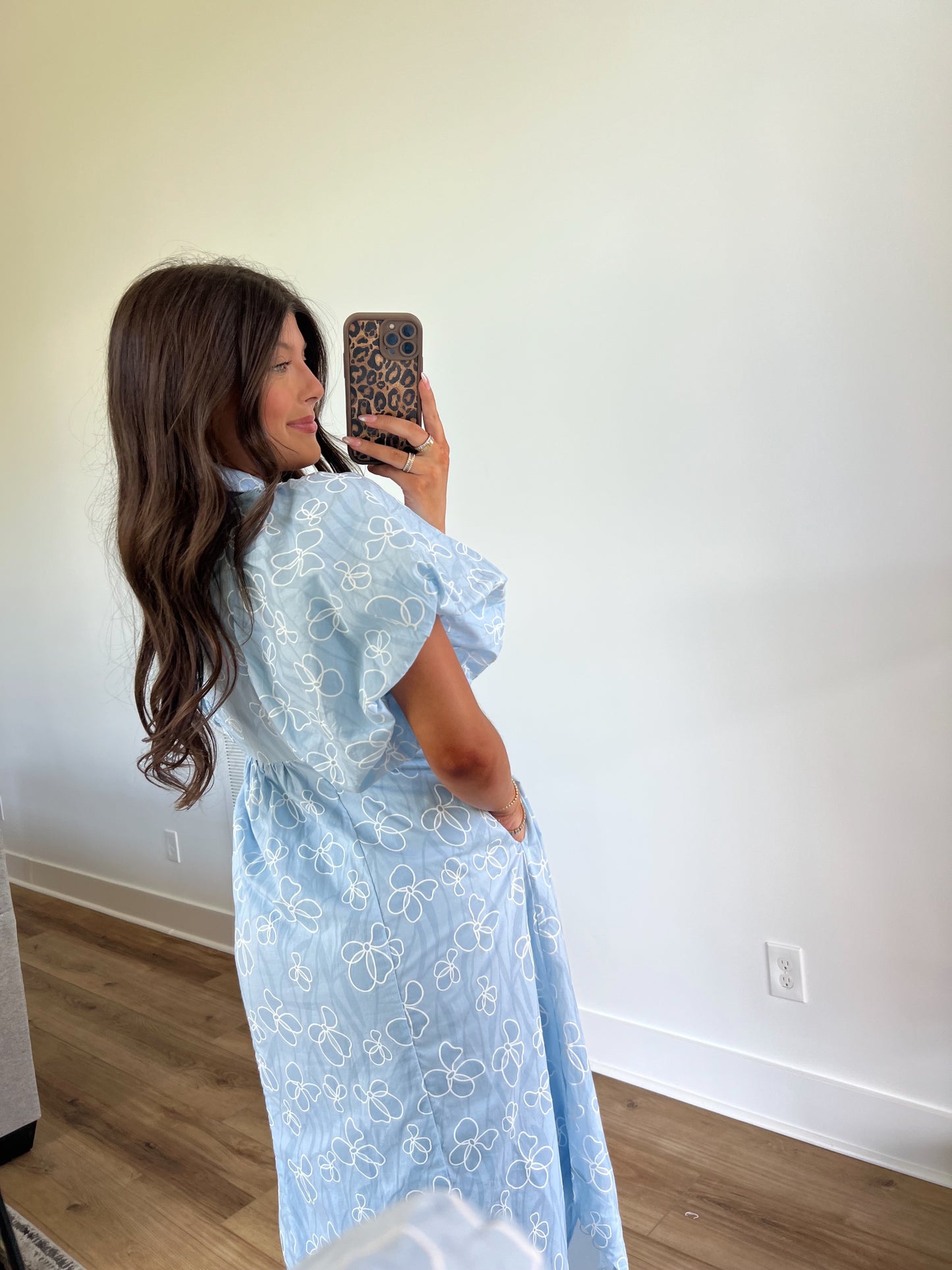 Blue Floral Puff Sleeve Midi Dress