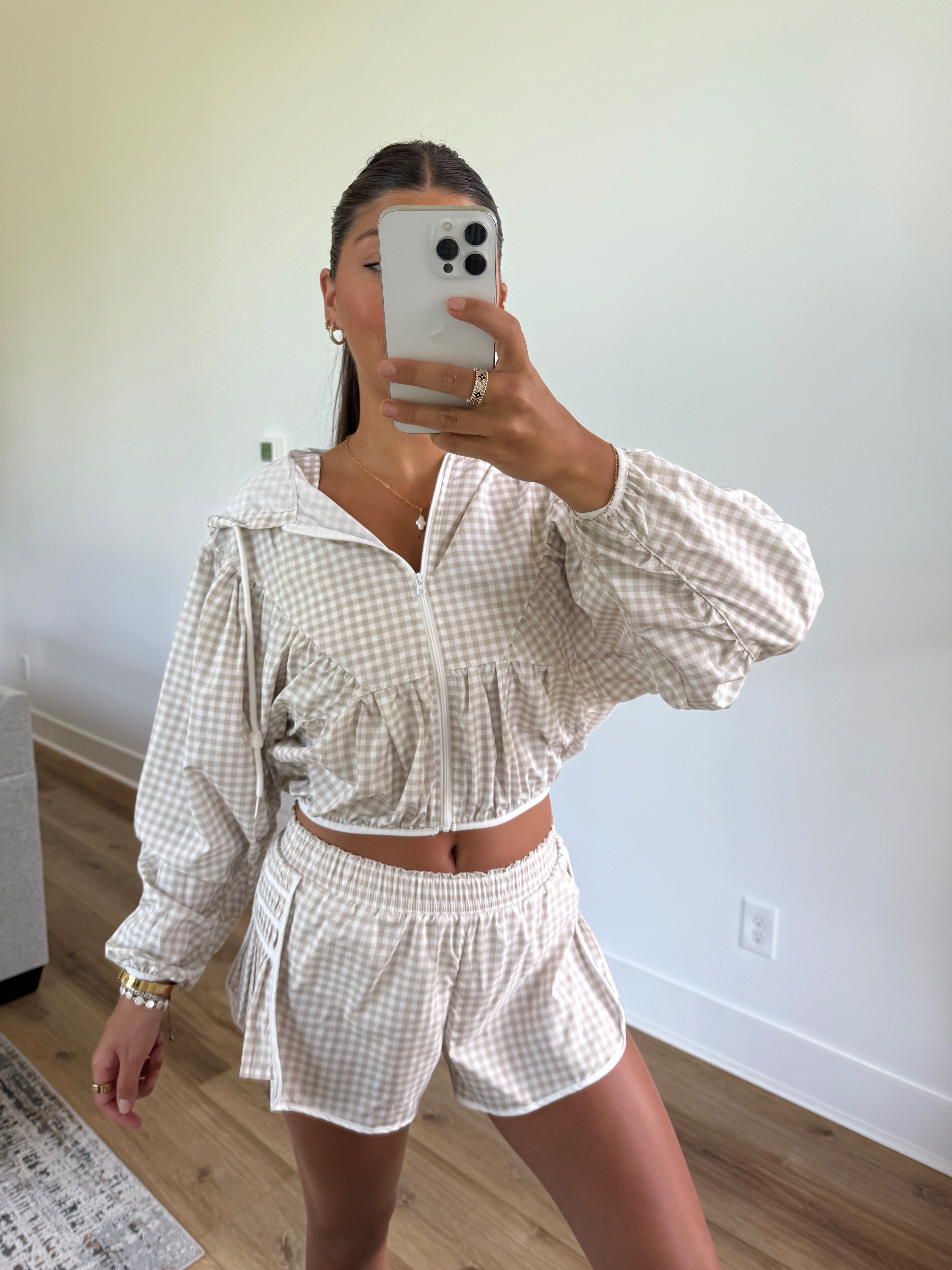 Beige Gingham Windbreaker Zip Up