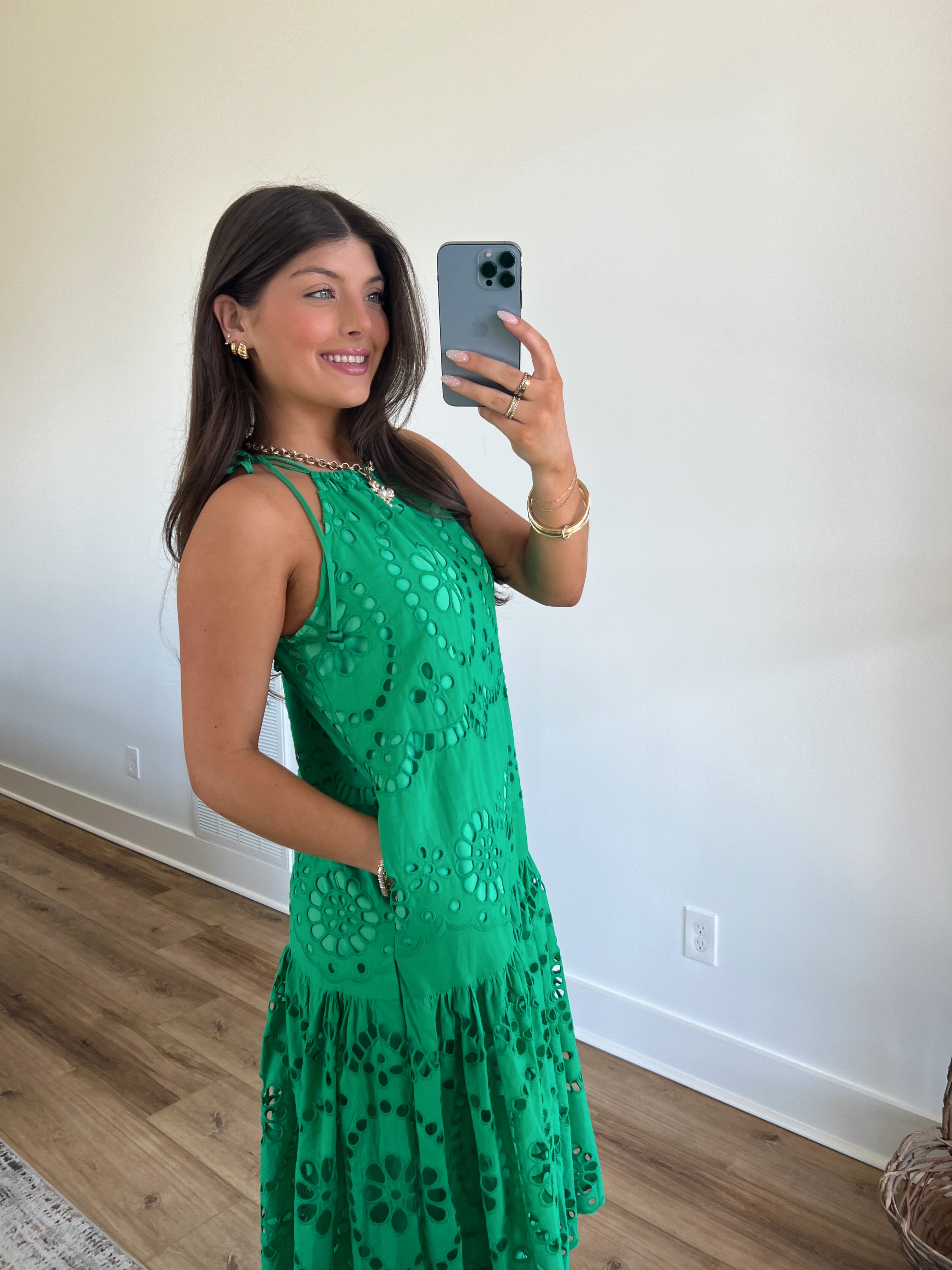 Kelly Green Elegant Eyelet Maxi Dress