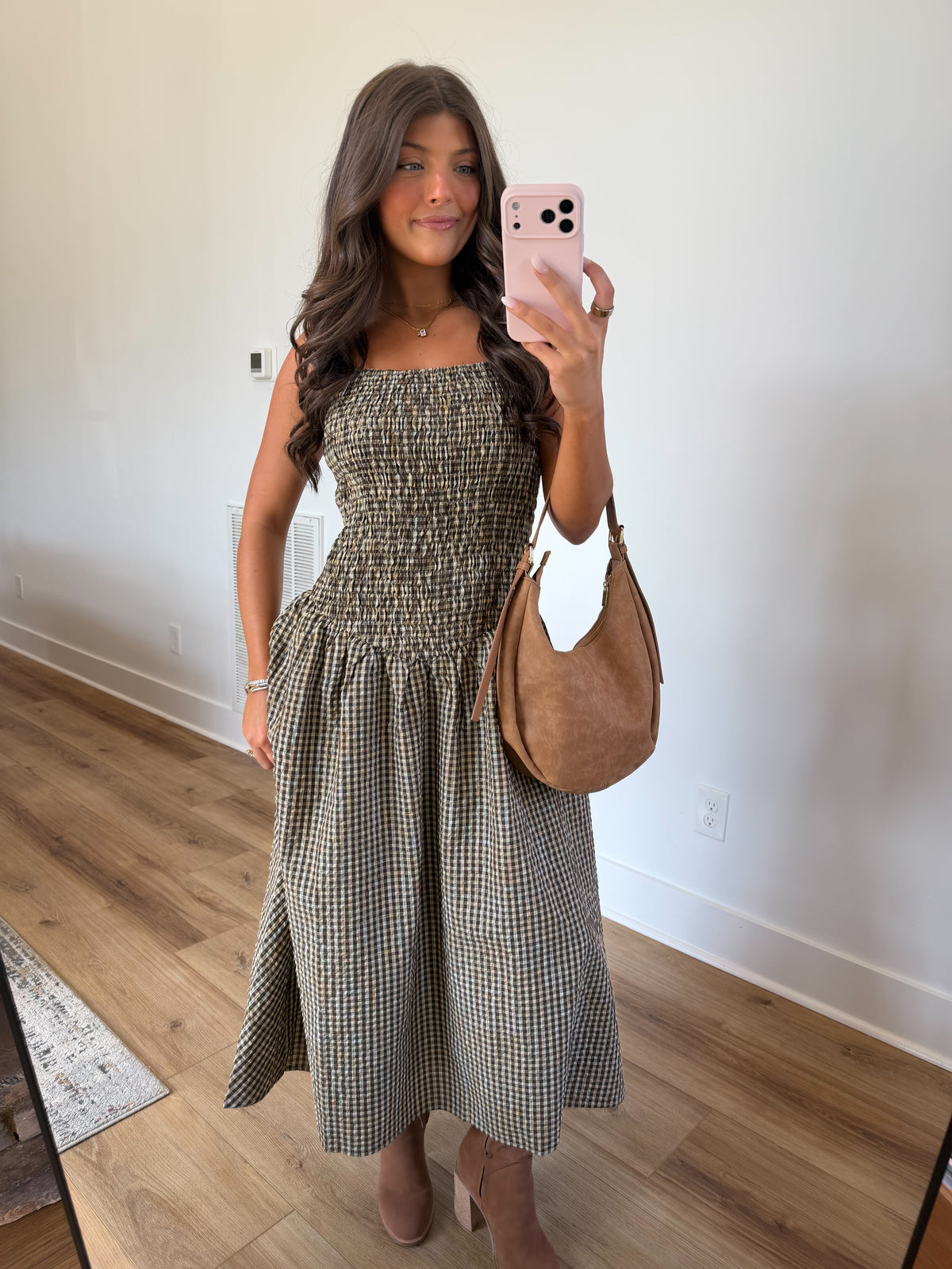 Brown Gingham Drop Waist Midi