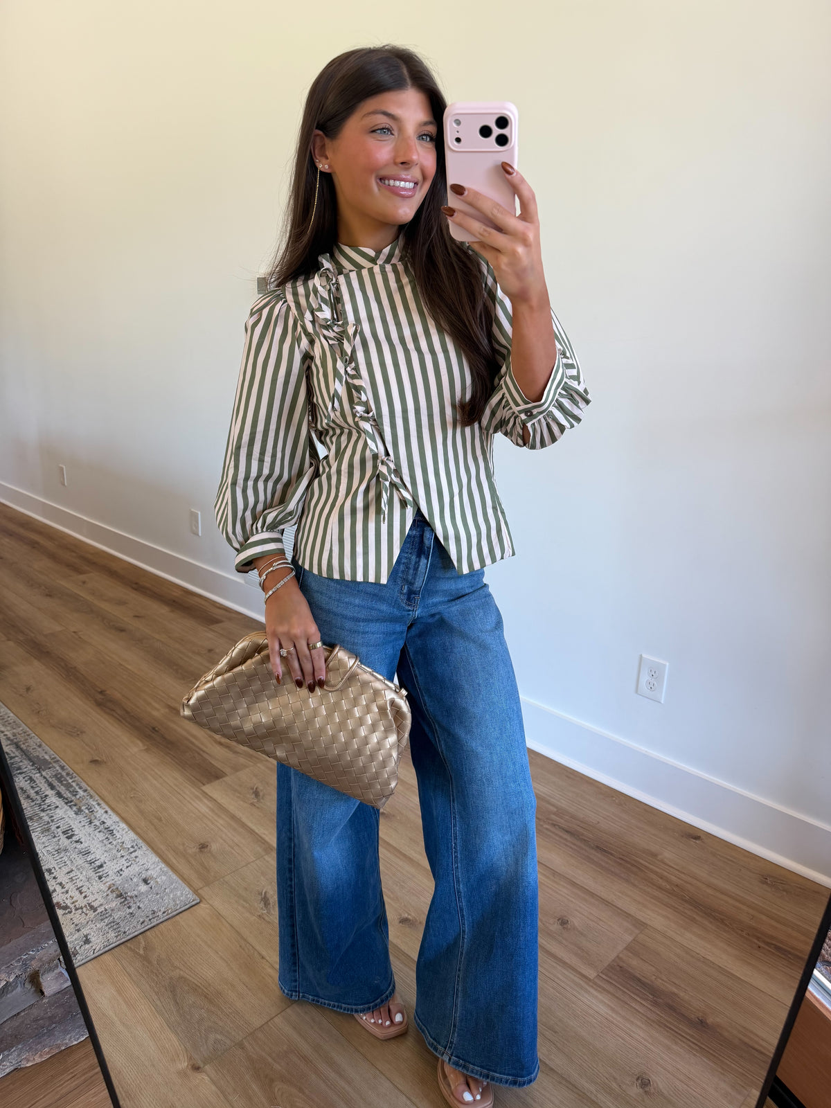 Striped Bow Front Blouse (Olive/Ecru)