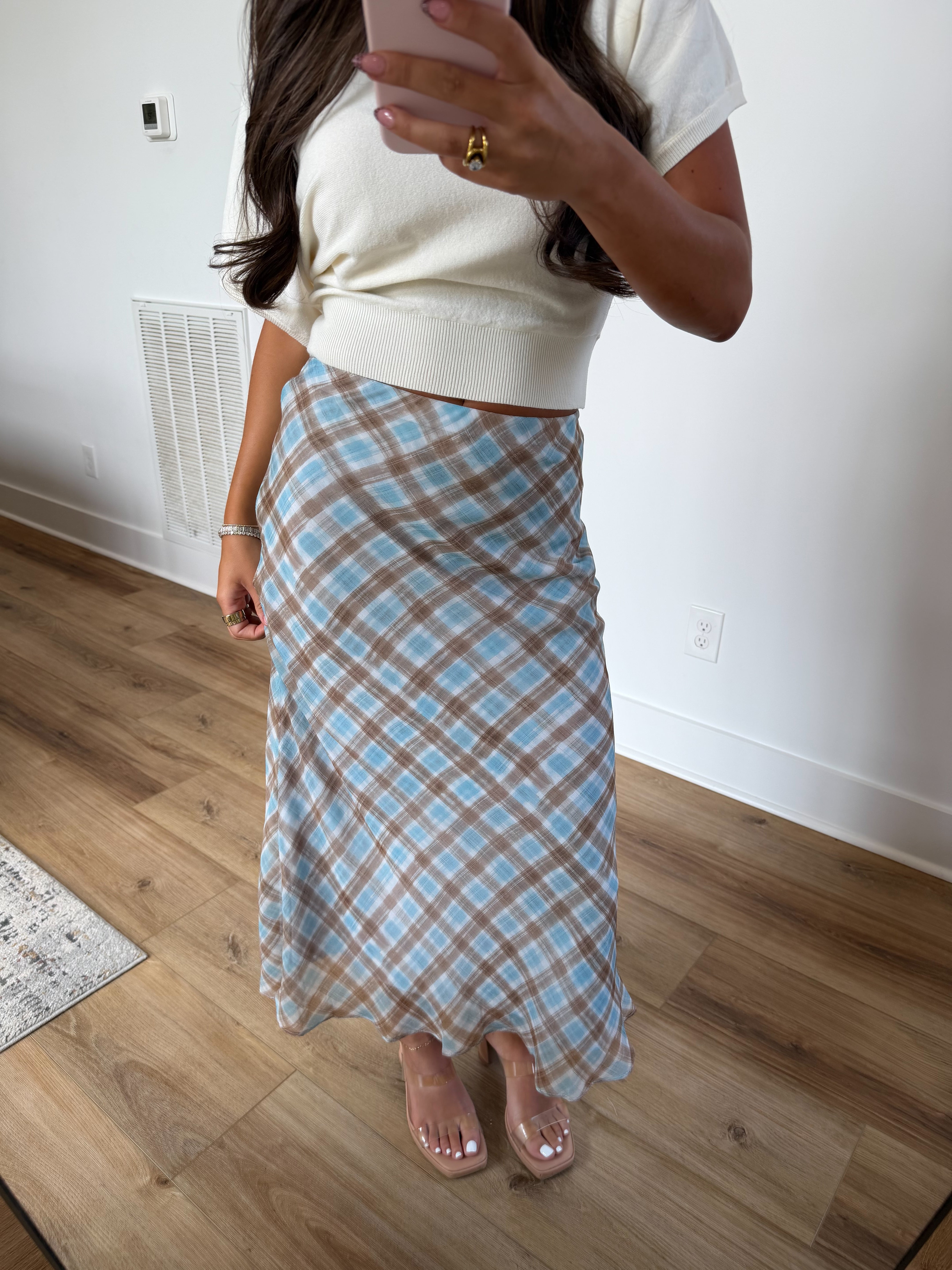 Blue Seams Plaid Midi Skirt