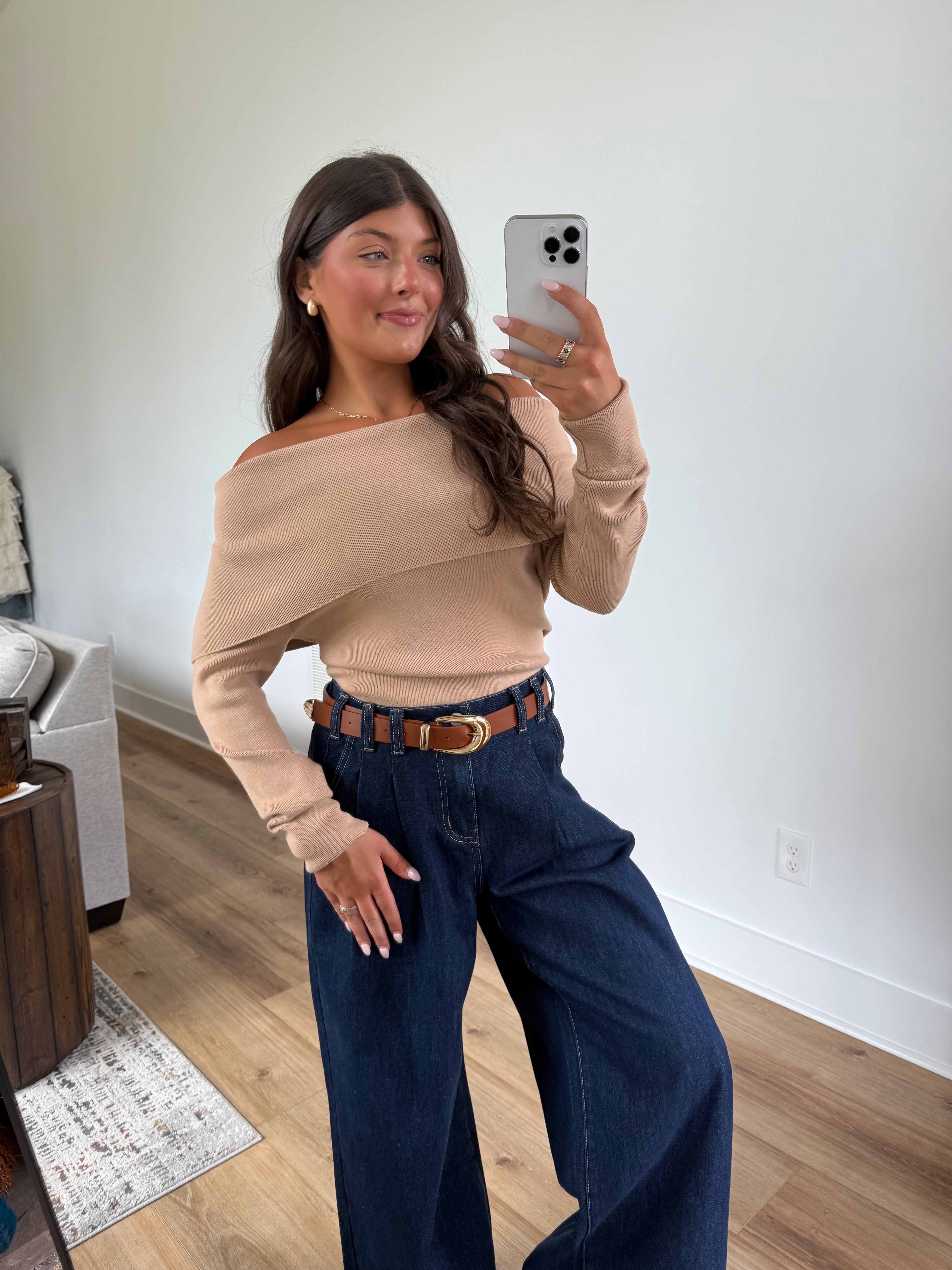 Foldover Off-Shoulder Knit (Tan)