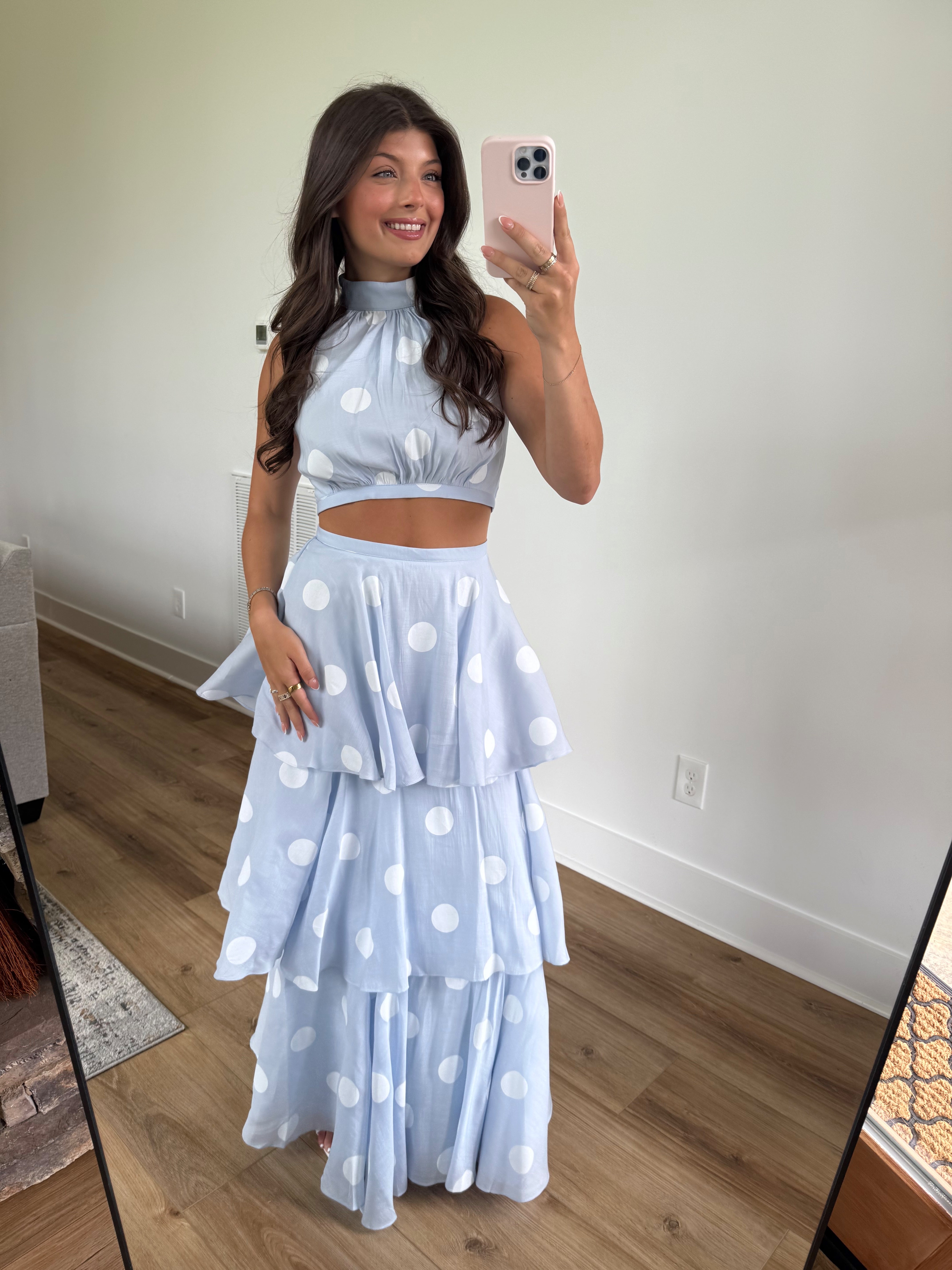 Baby Blue Polka Dot Maxi Skirt Set