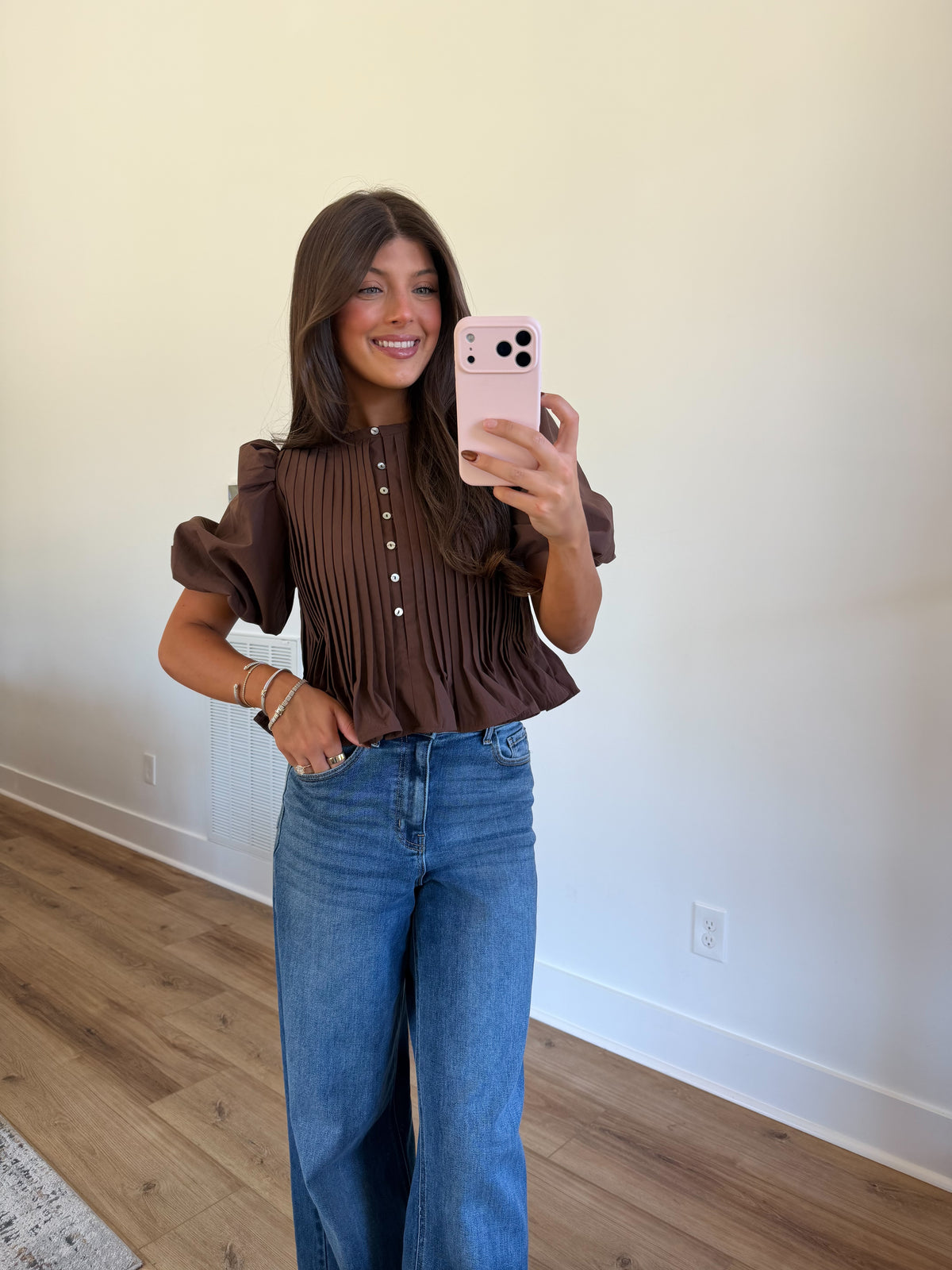 Puff Sleeve Pleated Peplum Top (Brown)