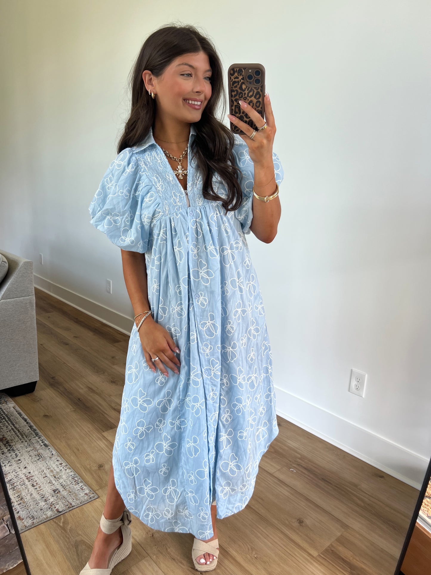 Blue Floral Puff Sleeve Midi Dress