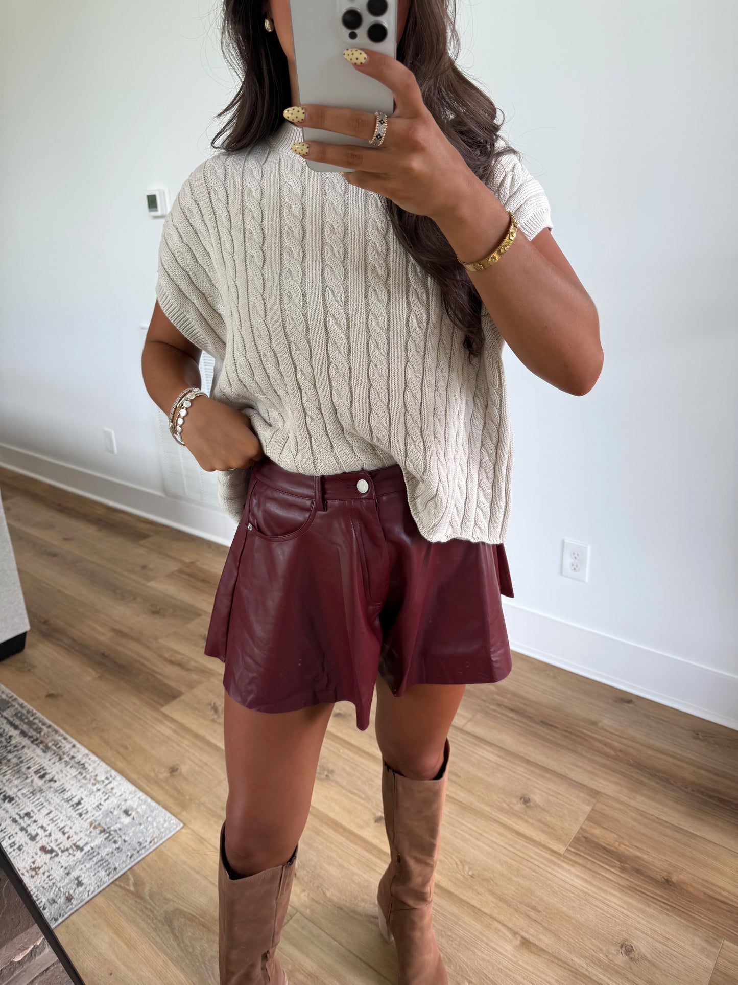 Burgundy Leather Flare Shorts