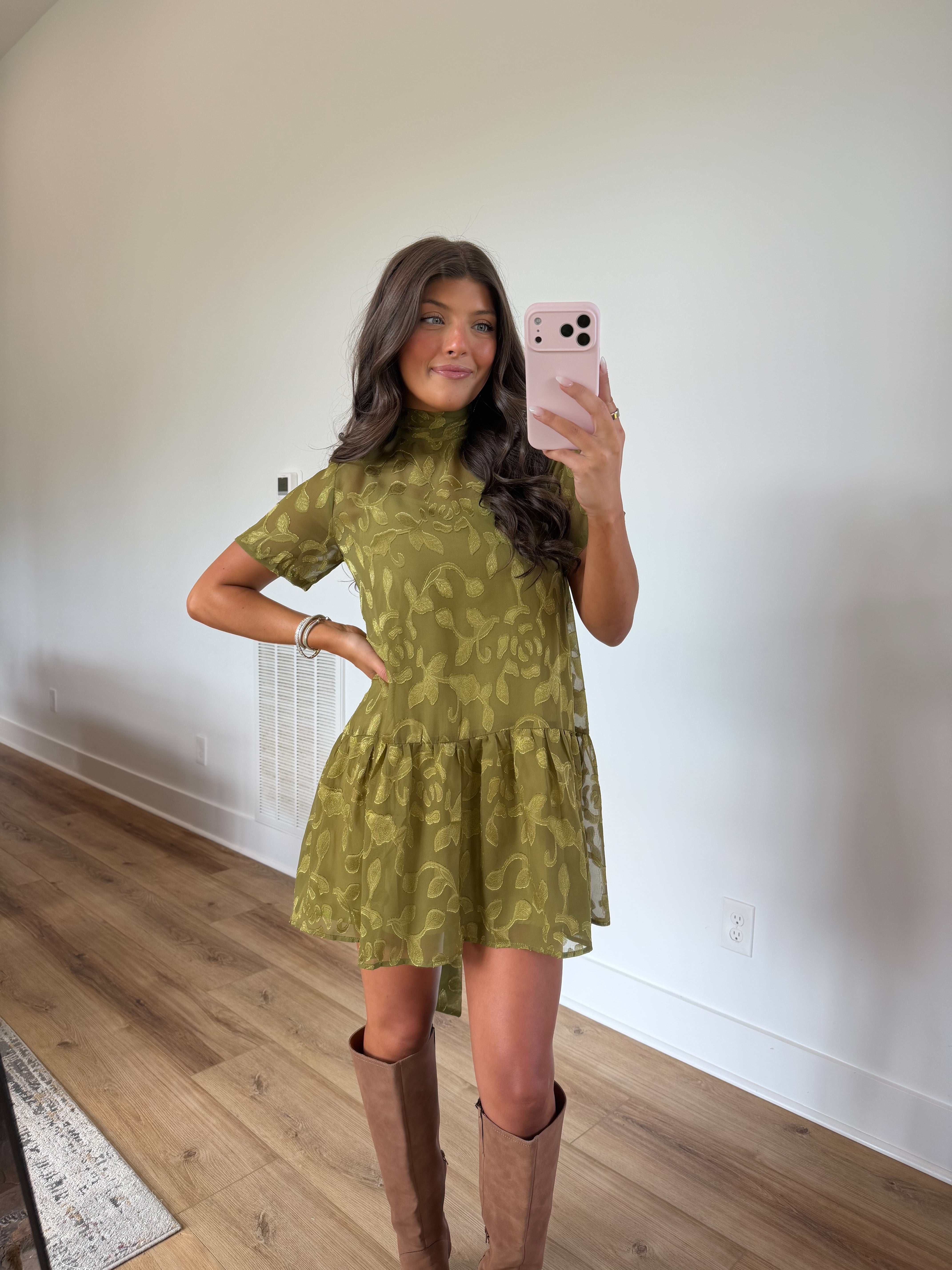 Olive Floral Jacquard Mini Dress