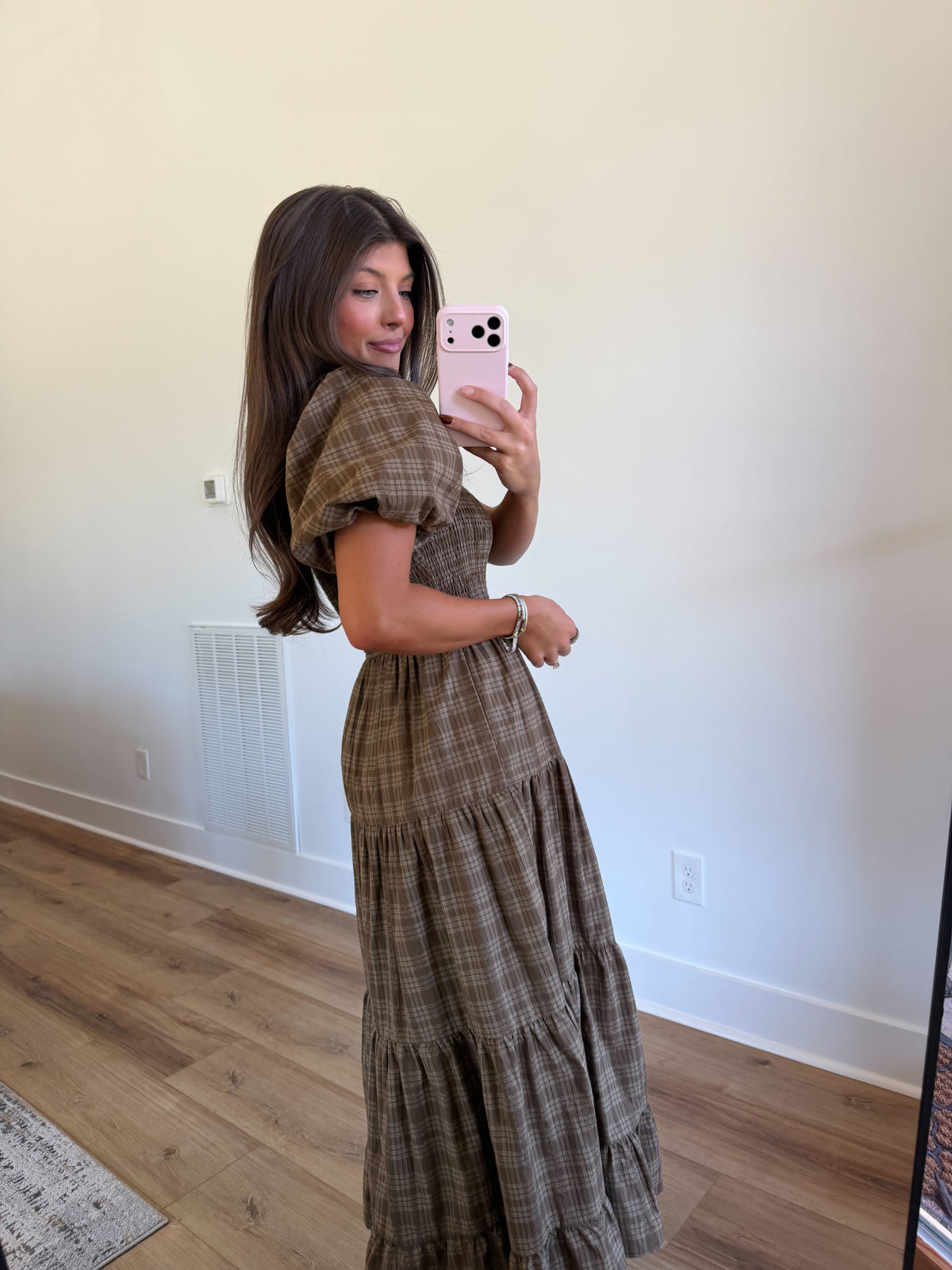Brown Plaid Smocked Tiered Midi Dress