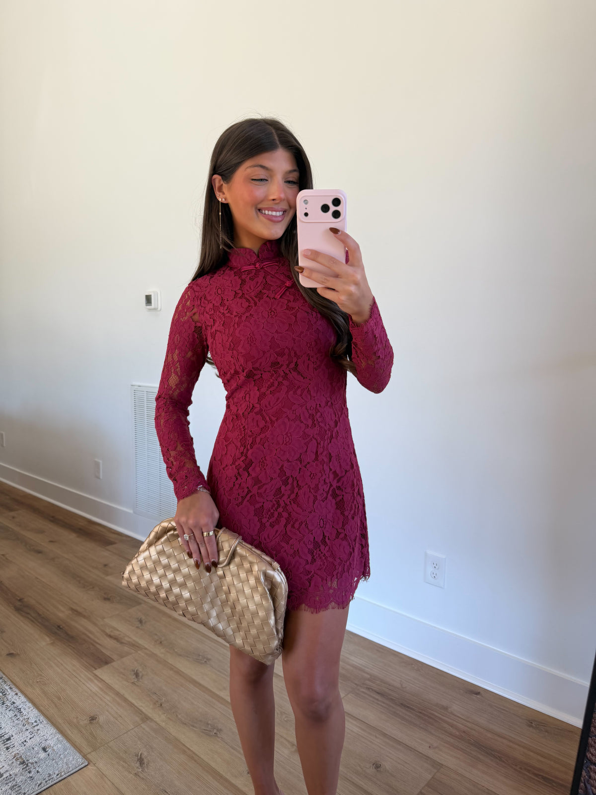 Floral Lace Mock Neck Mini Dress (Burgundy)