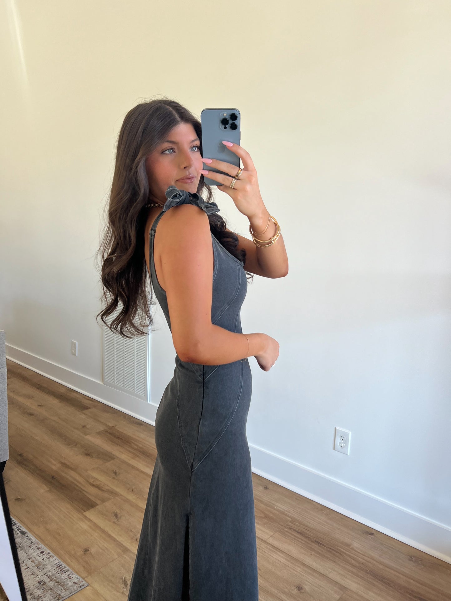 Black Denim Tie Maxi Dress