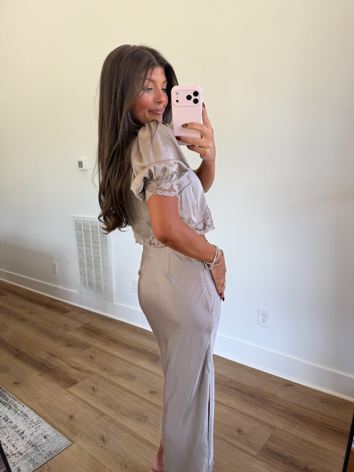 Taupe Satin Tie Lace Set