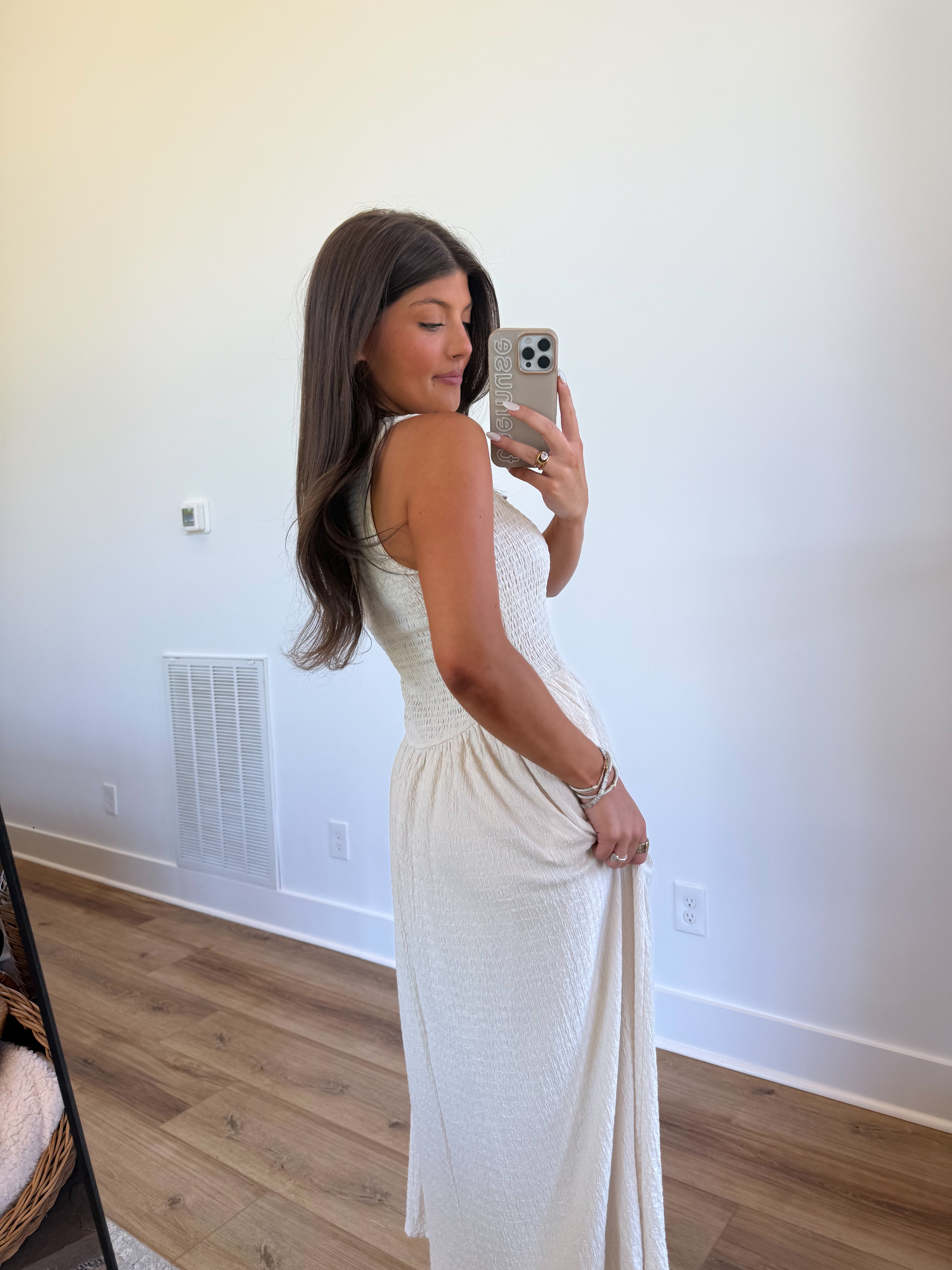Smocked Cream Midi Dress