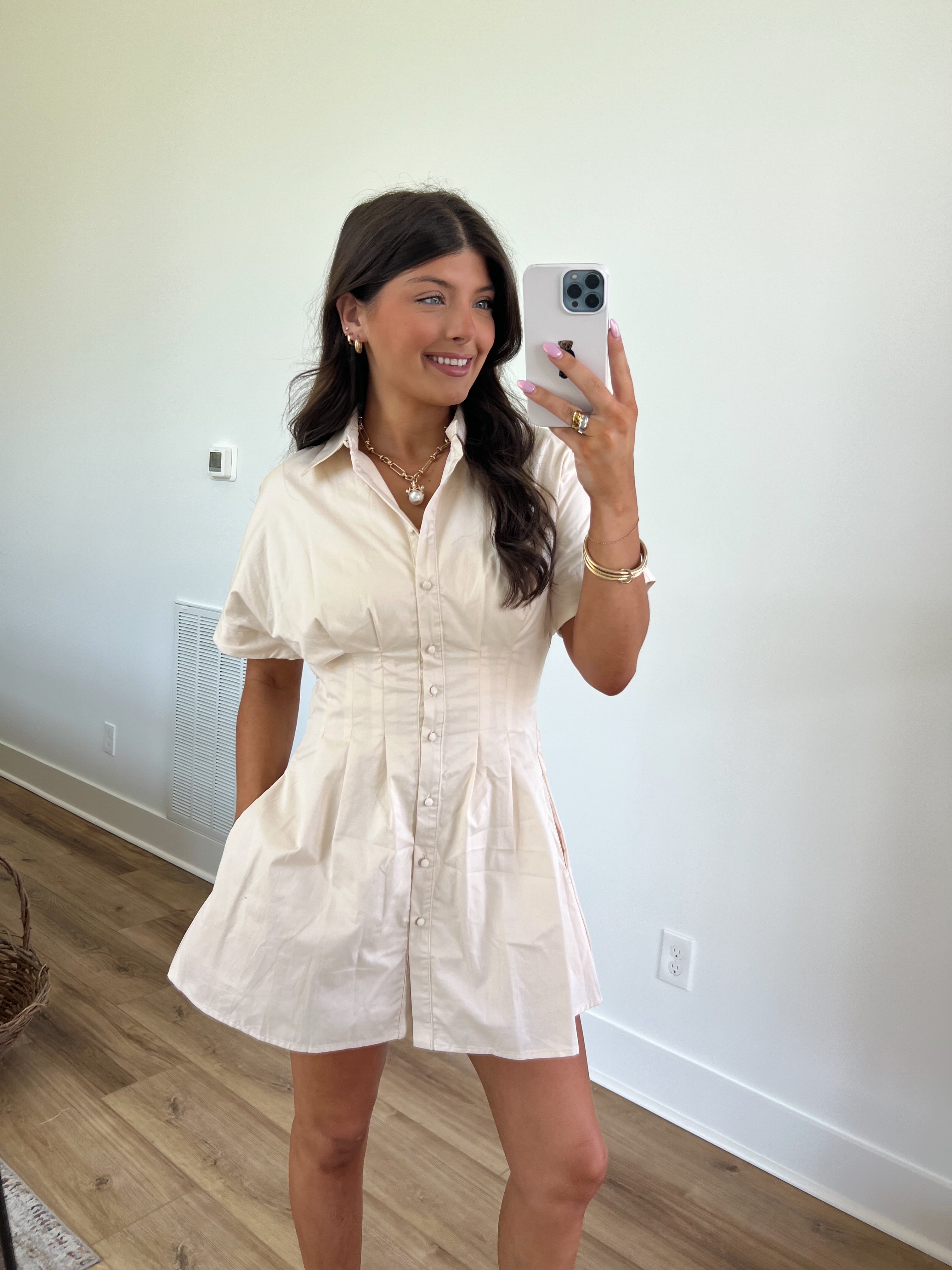 Cream Cinched Waist Mini Dress
