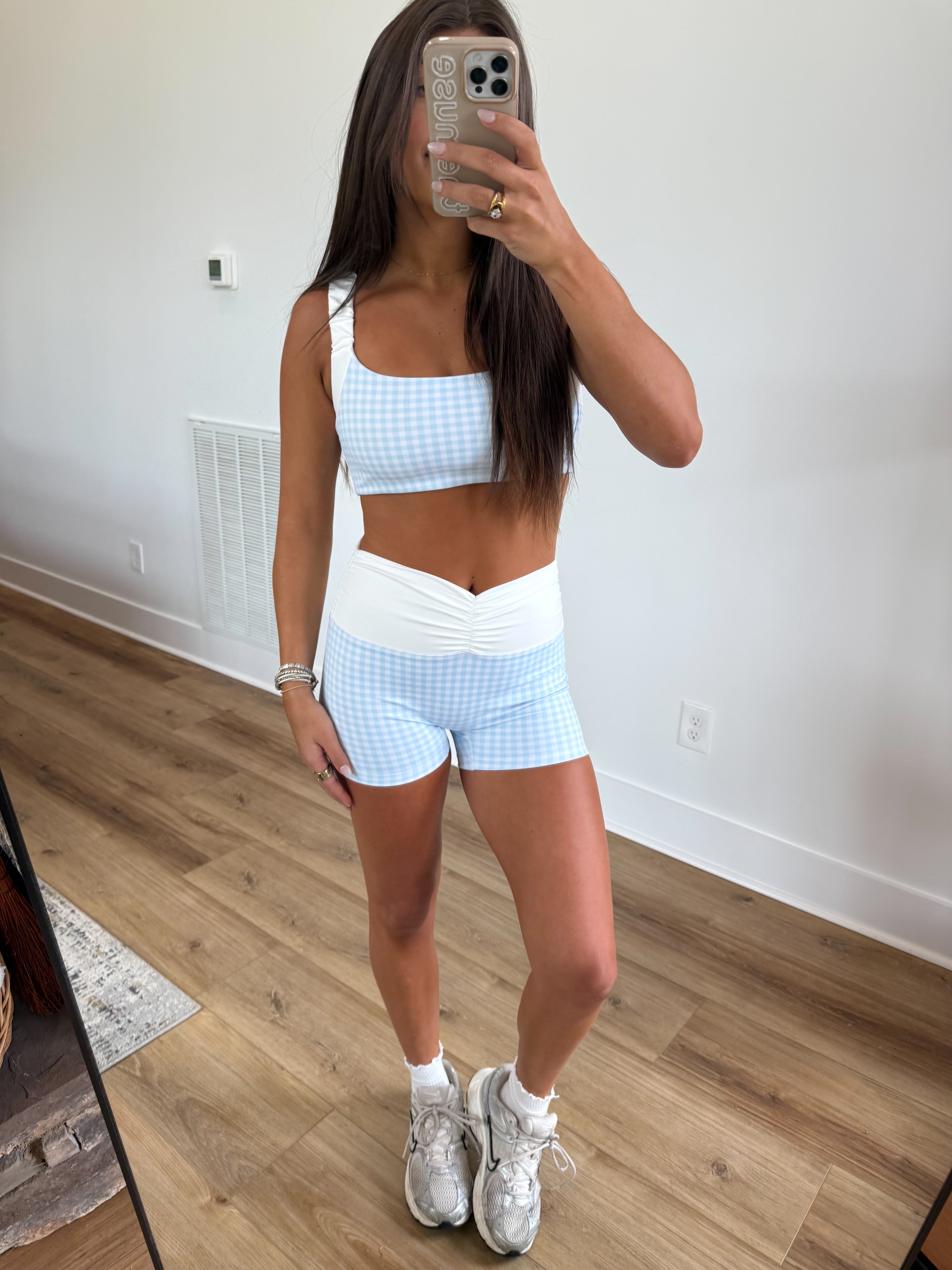 Blue Gingham Ruched Biker SHORTS