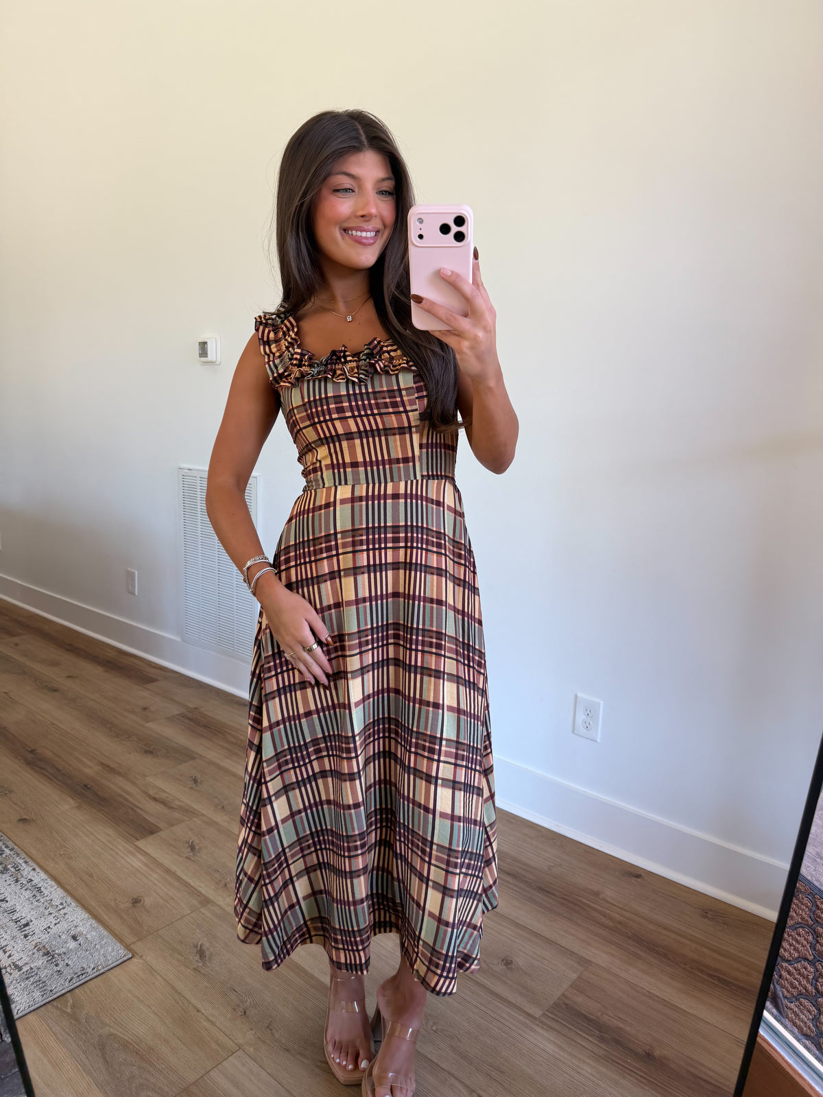 Fall Plaid Ruffle Strap Midi Dress