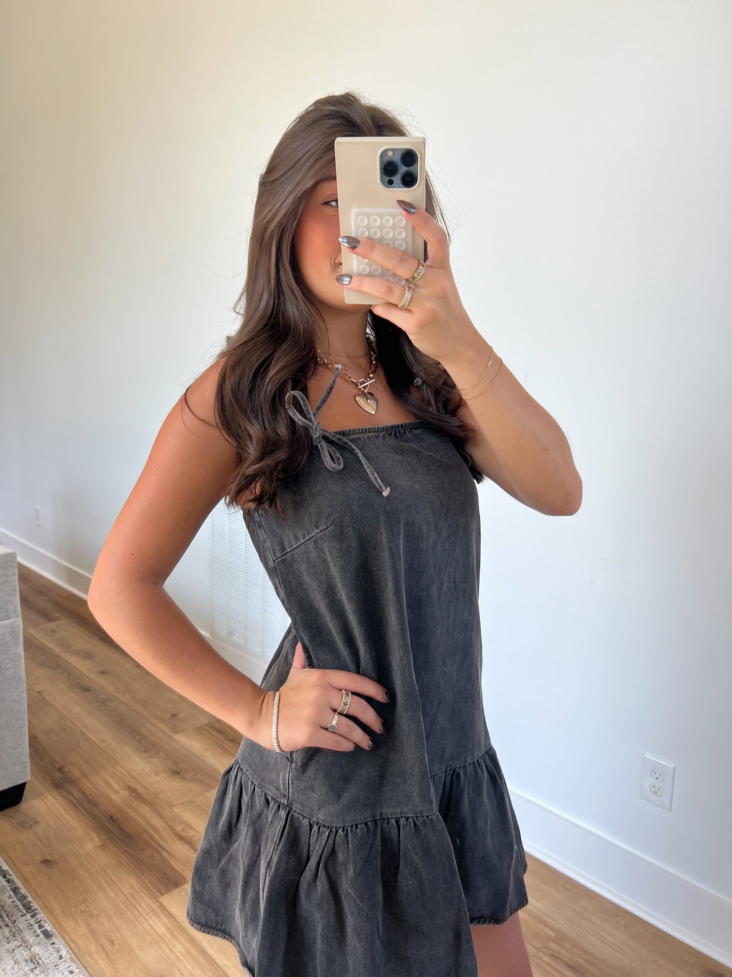Tiered Mini Denim Dress (Black)