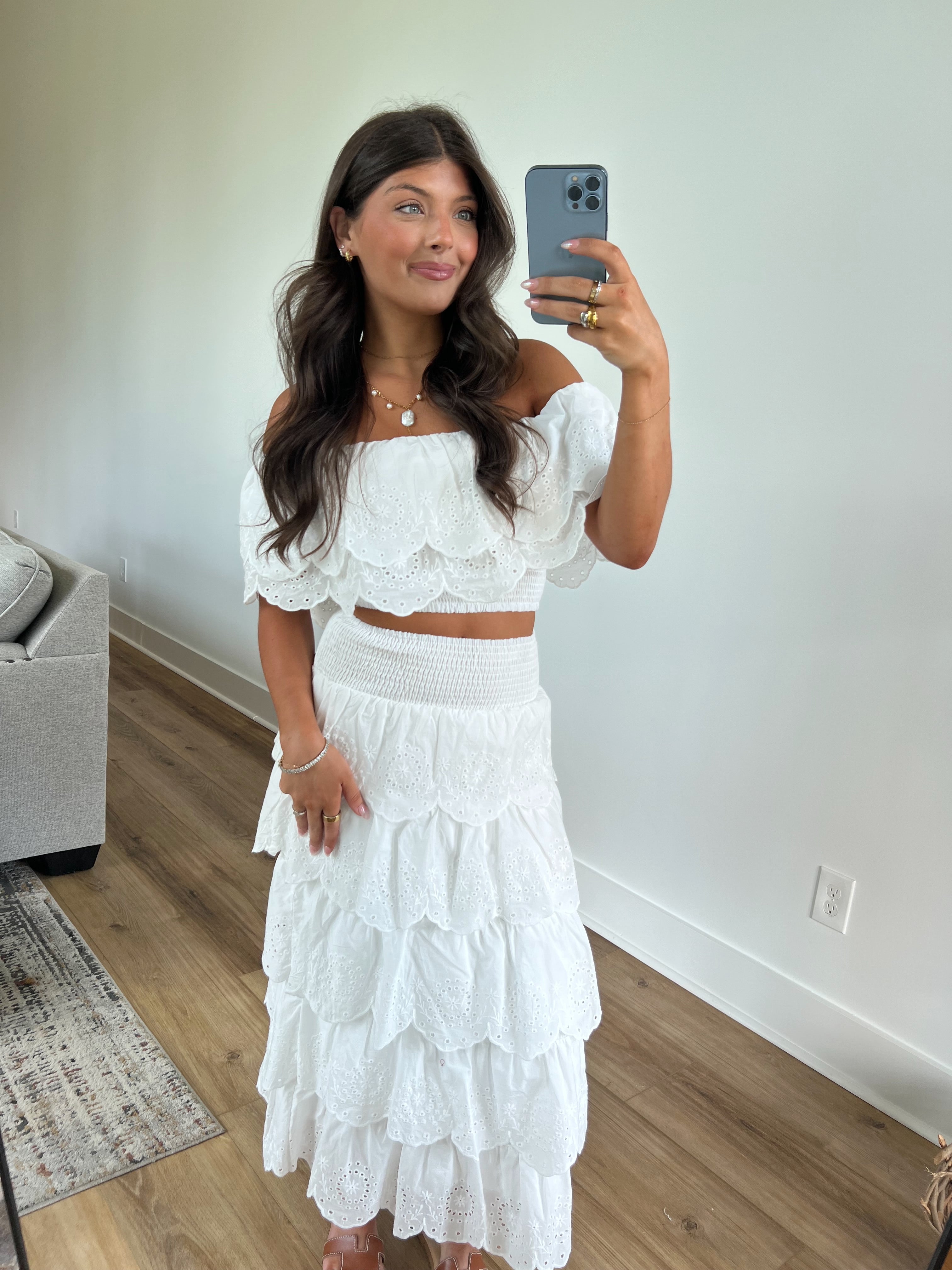 Eyelet Ruffle Midi Skirt Set