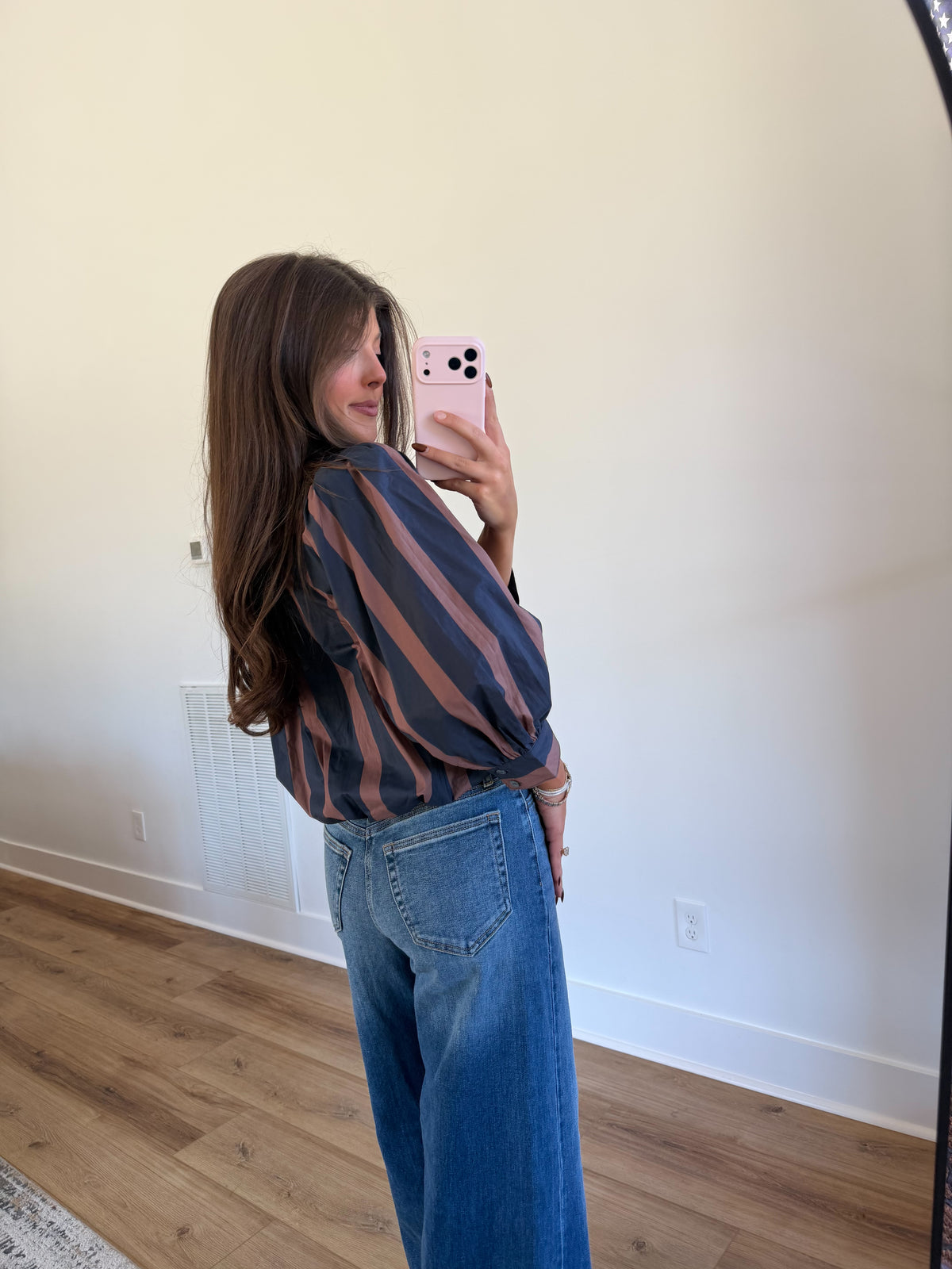 Navy & Brown Stripe Puff Sleeve Blouse