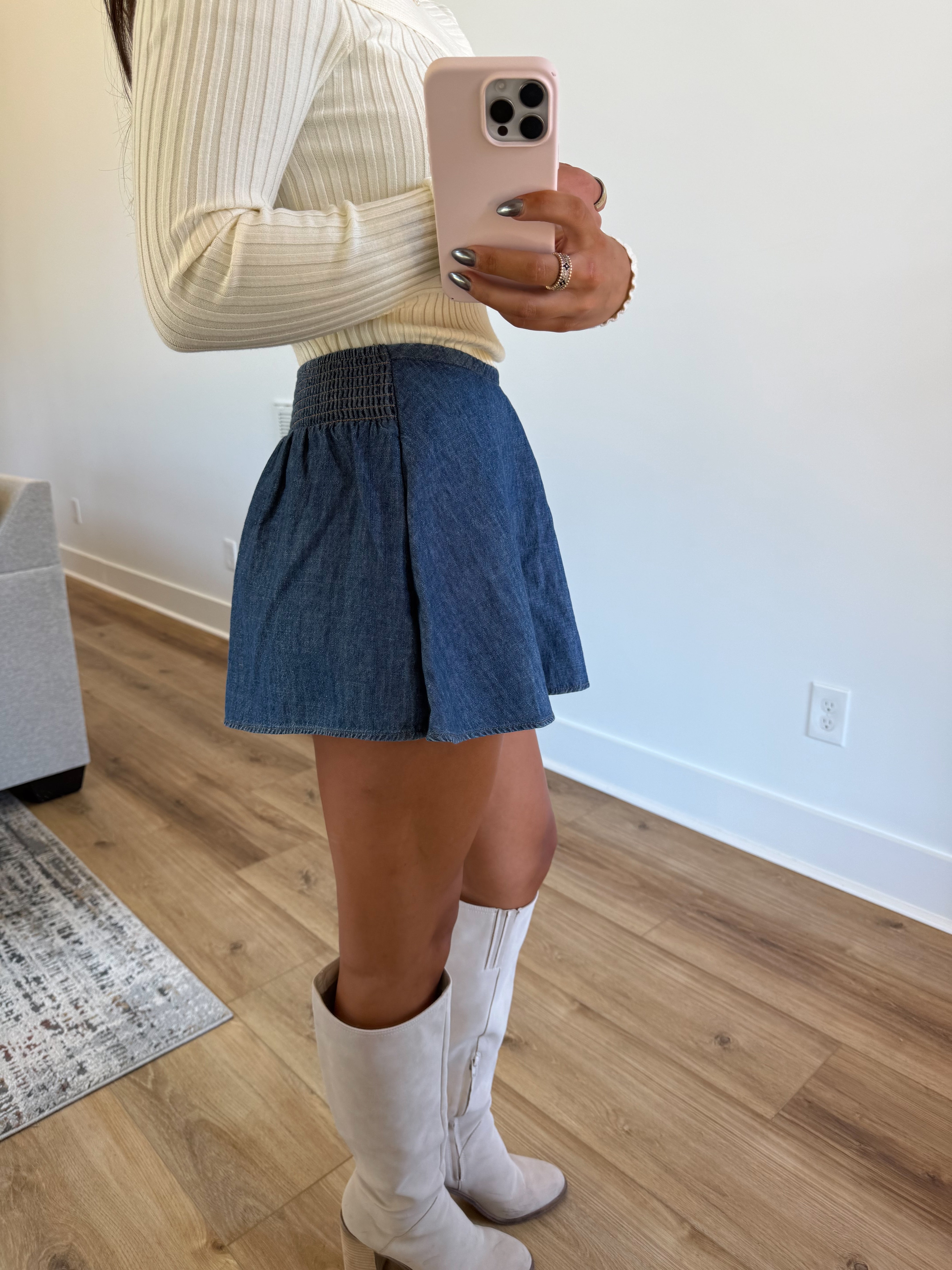 The Smocked Denim Skort