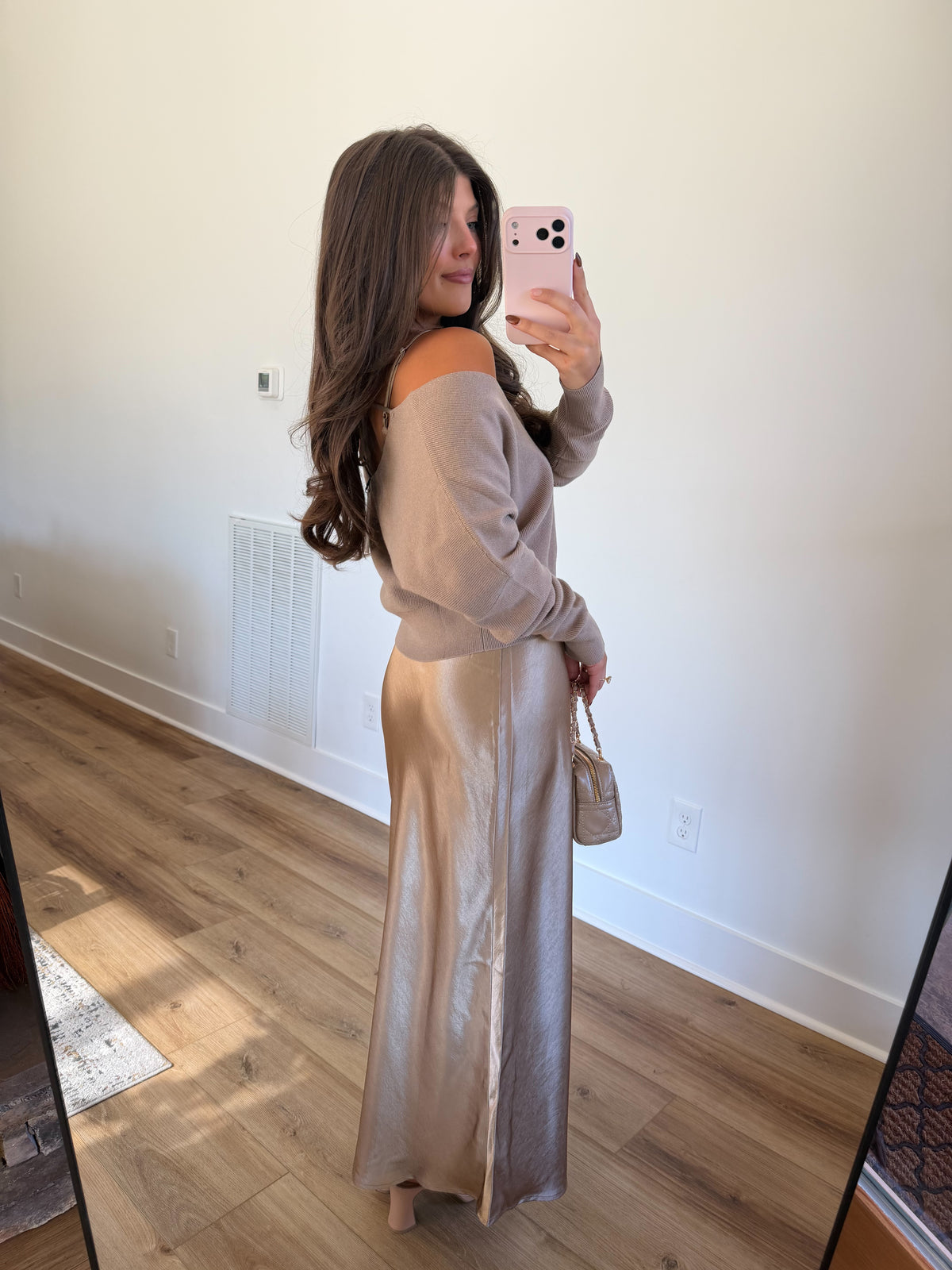 Taupe Satin Slip Dress & Knit Sweater Set