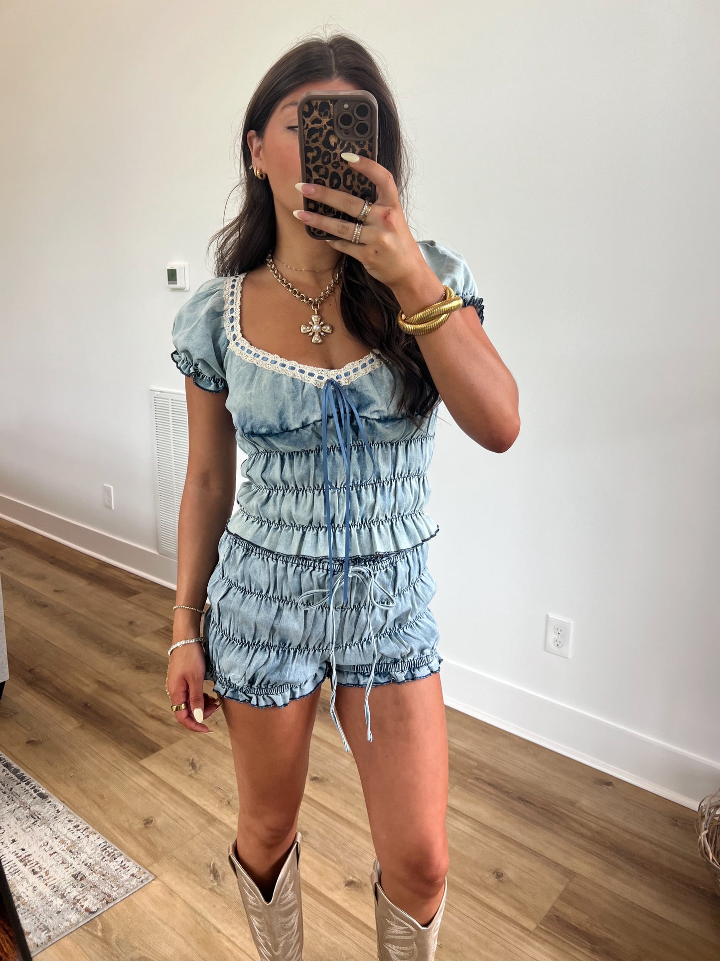 Denim Crinkle Shorts Set