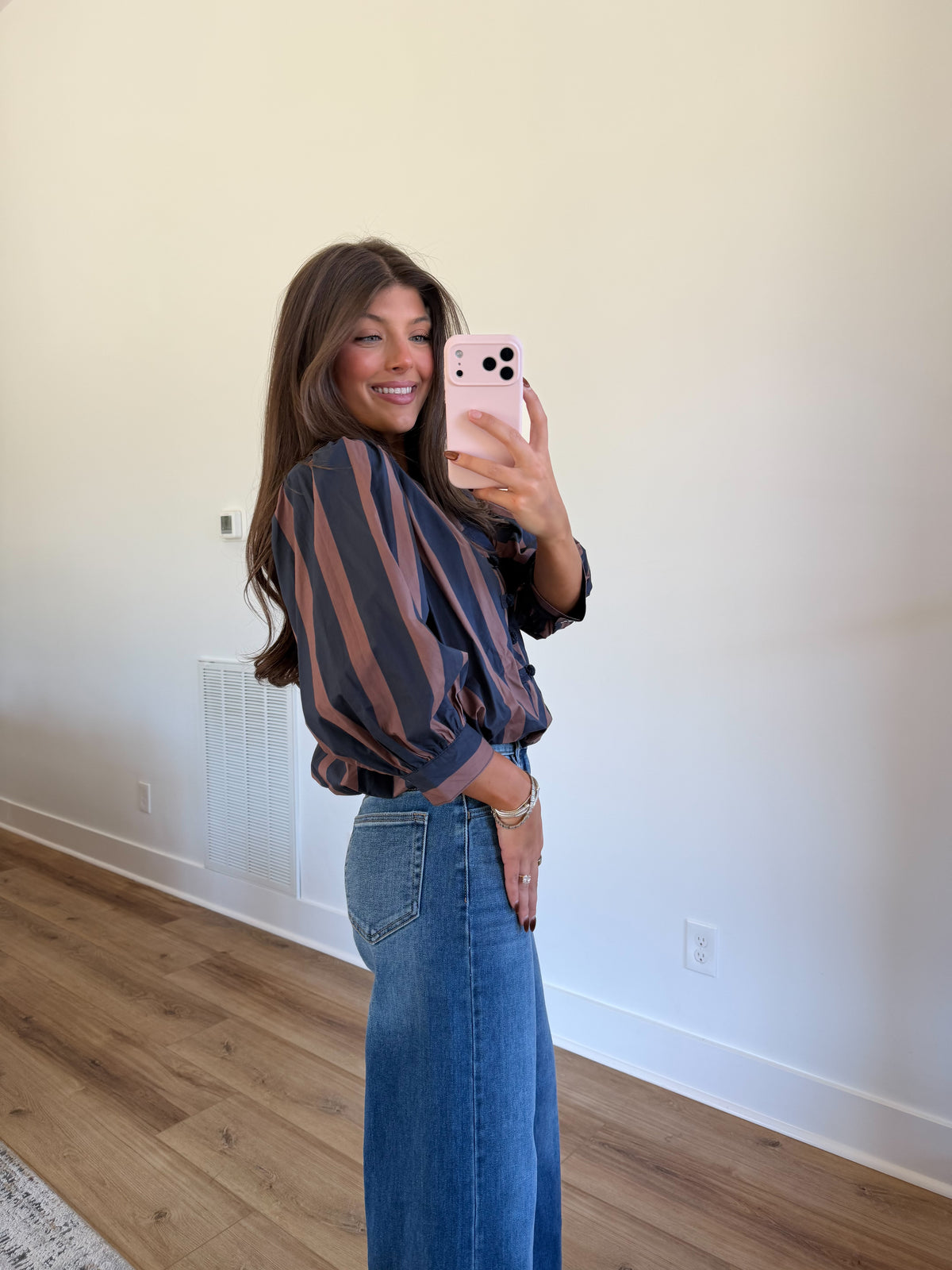 Navy & Brown Stripe Puff Sleeve Blouse