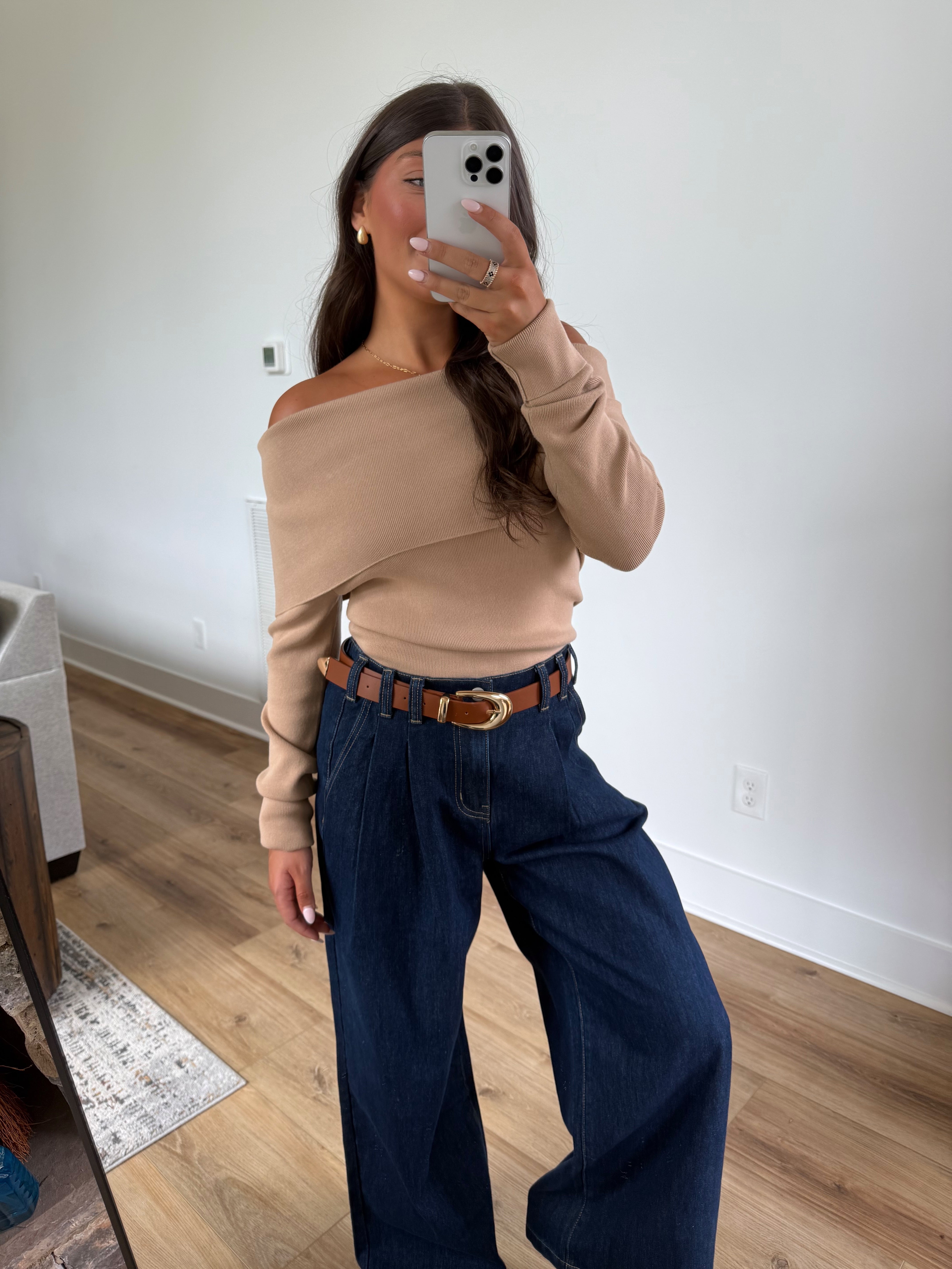 Foldover Off-Shoulder Knit (Tan)