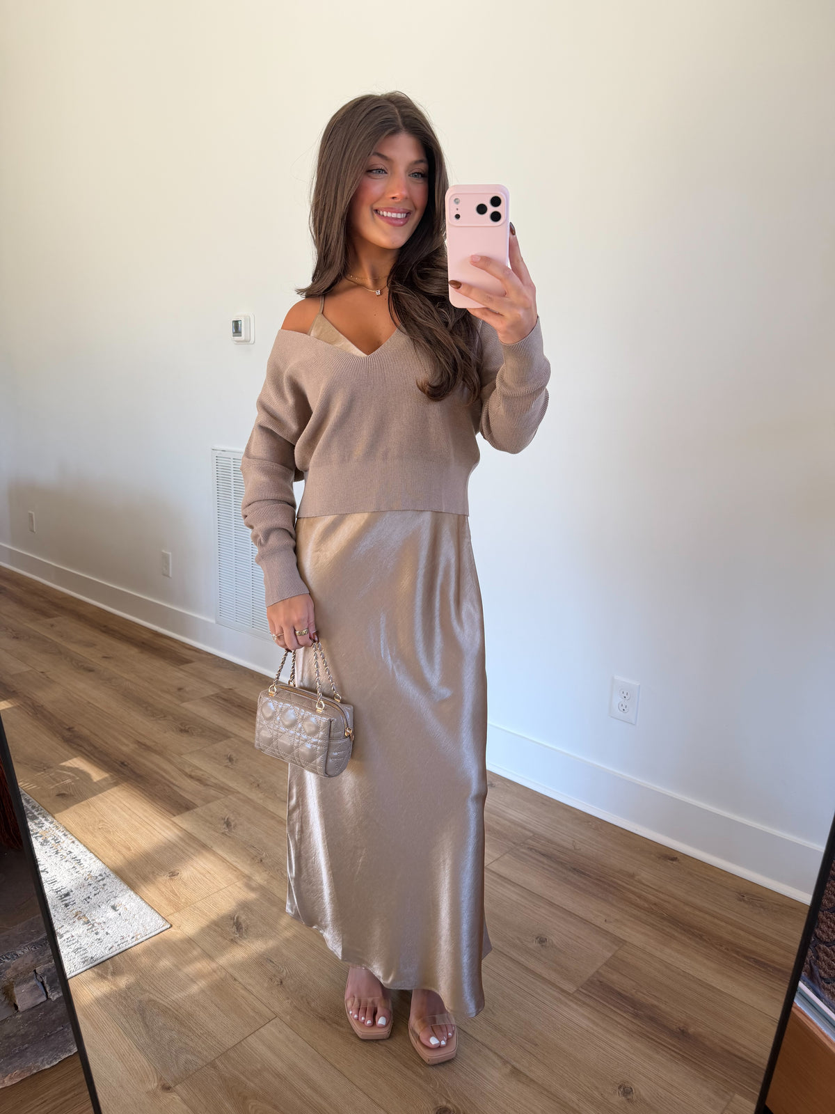 Taupe Satin Slip Dress & Knit Sweater Set