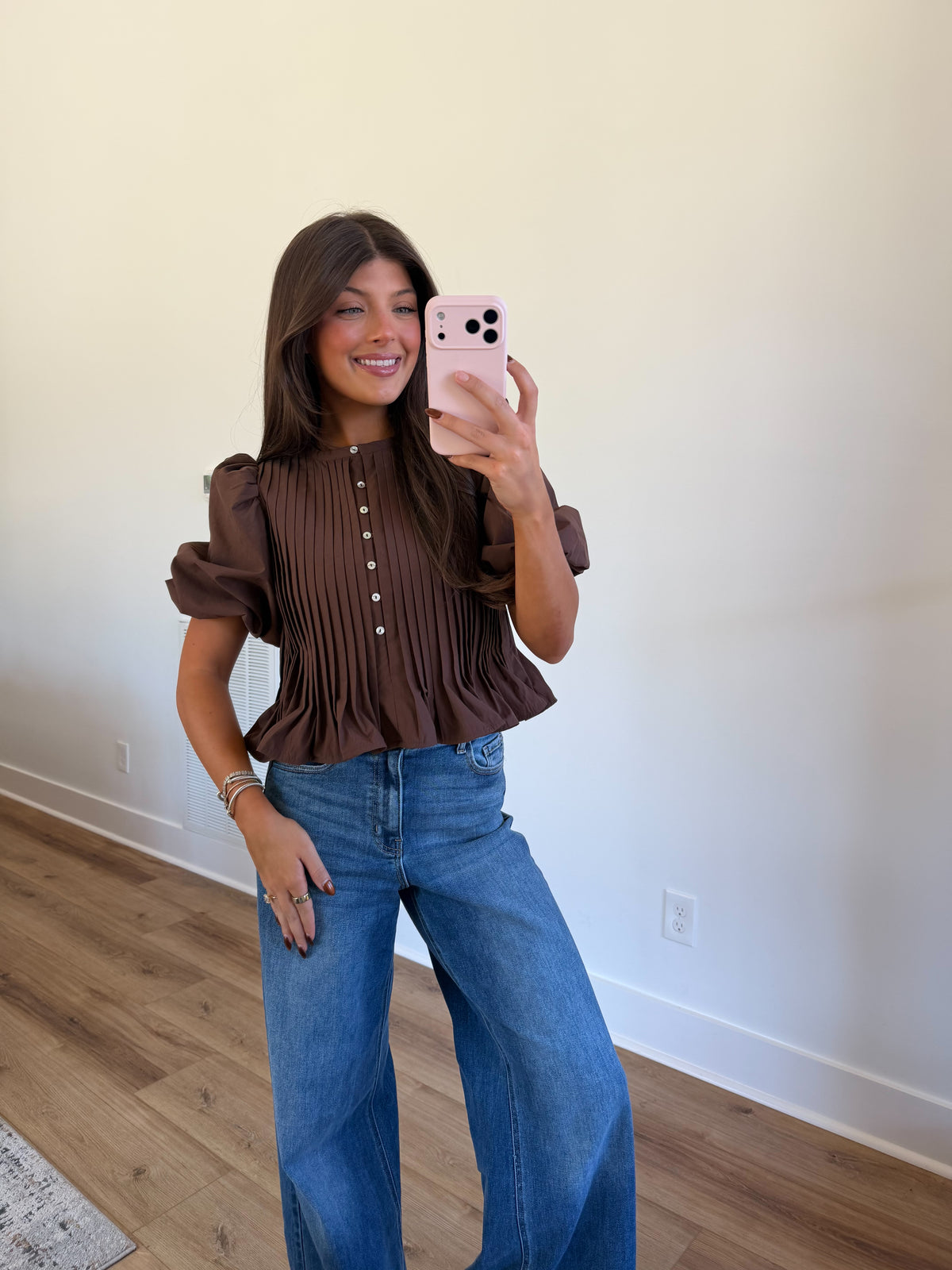Puff Sleeve Pleated Peplum Top (Brown)