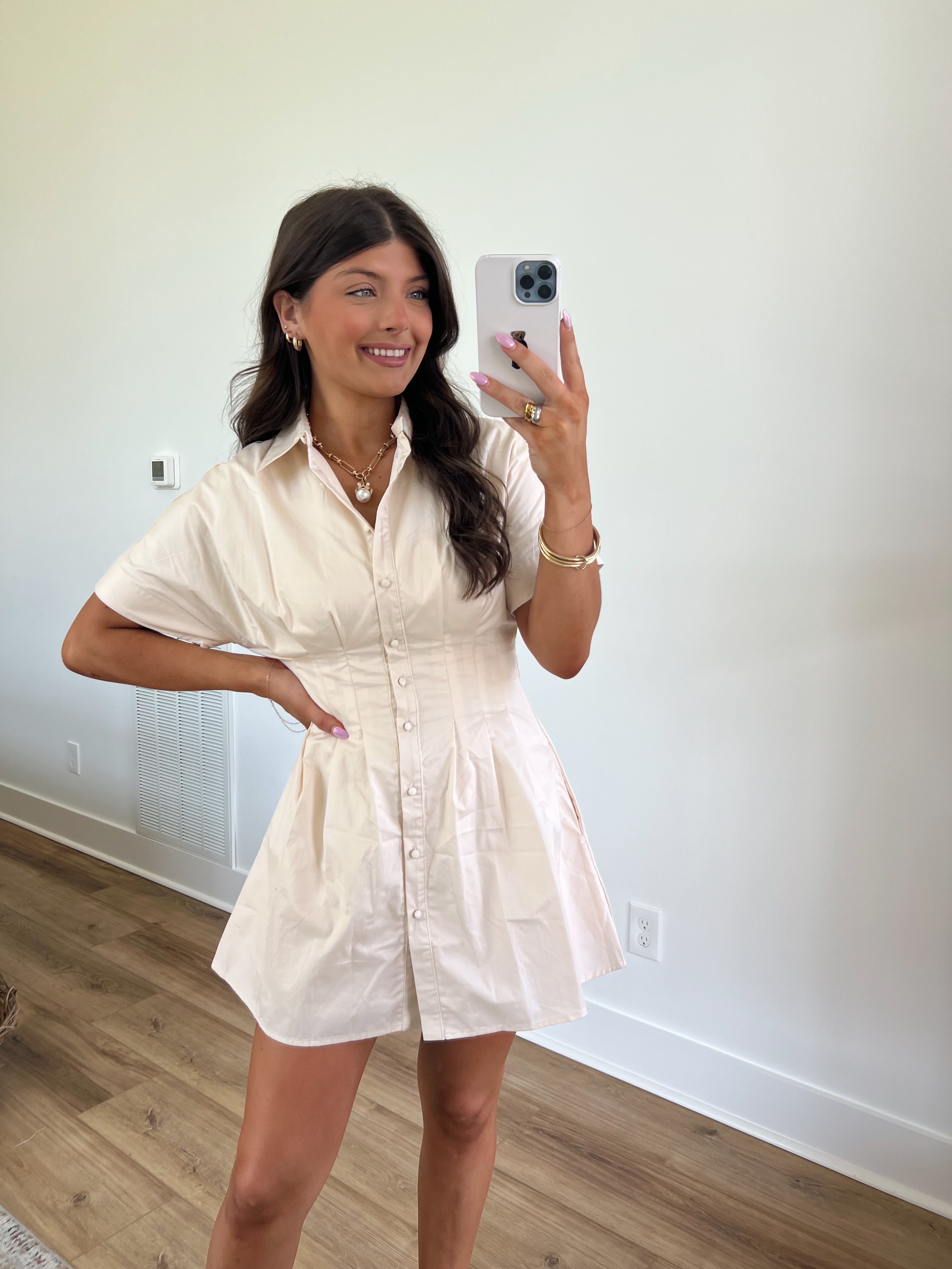 Cream Cinched Waist Mini Dress