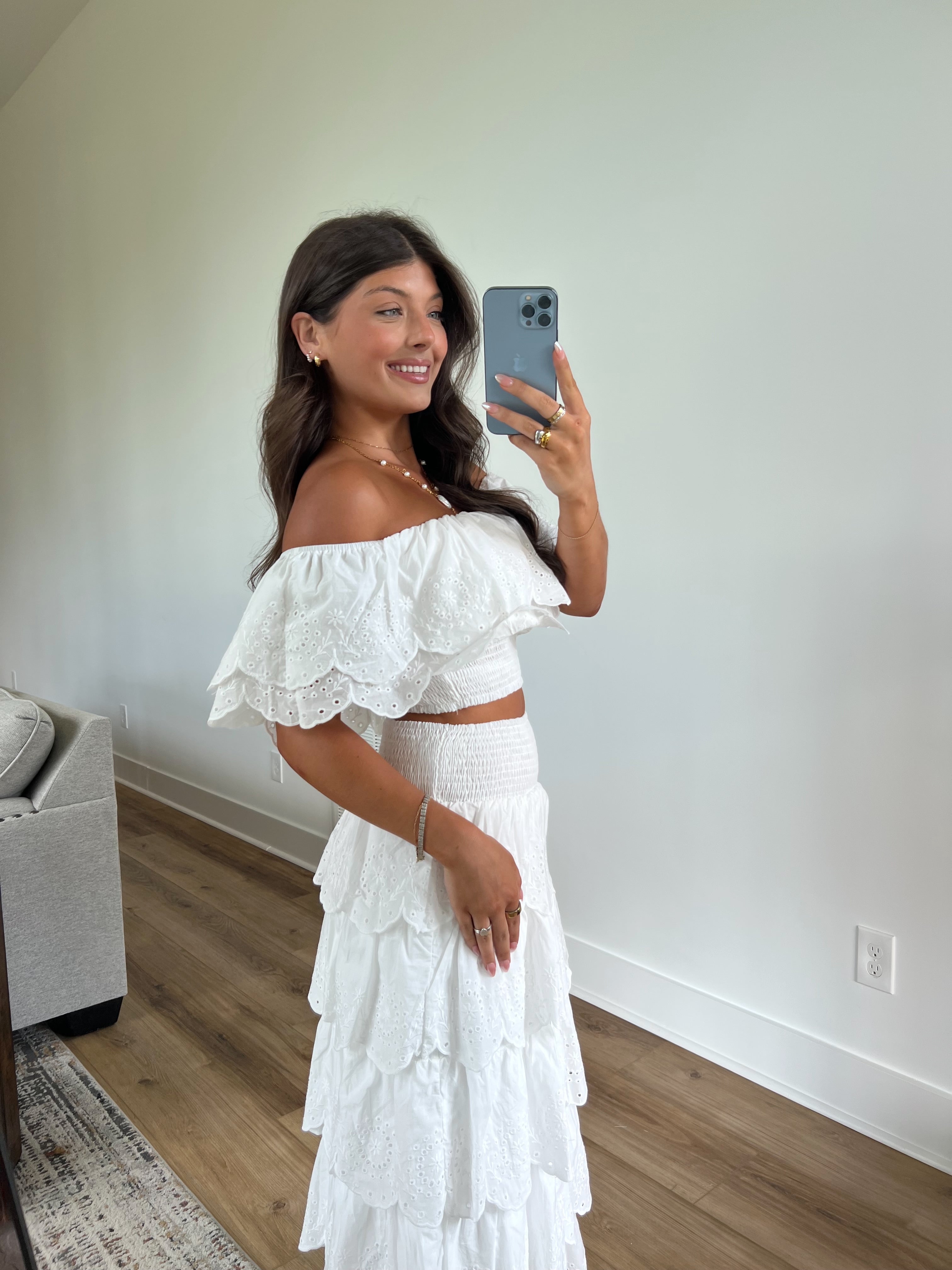 Eyelet Ruffle Midi Skirt Set