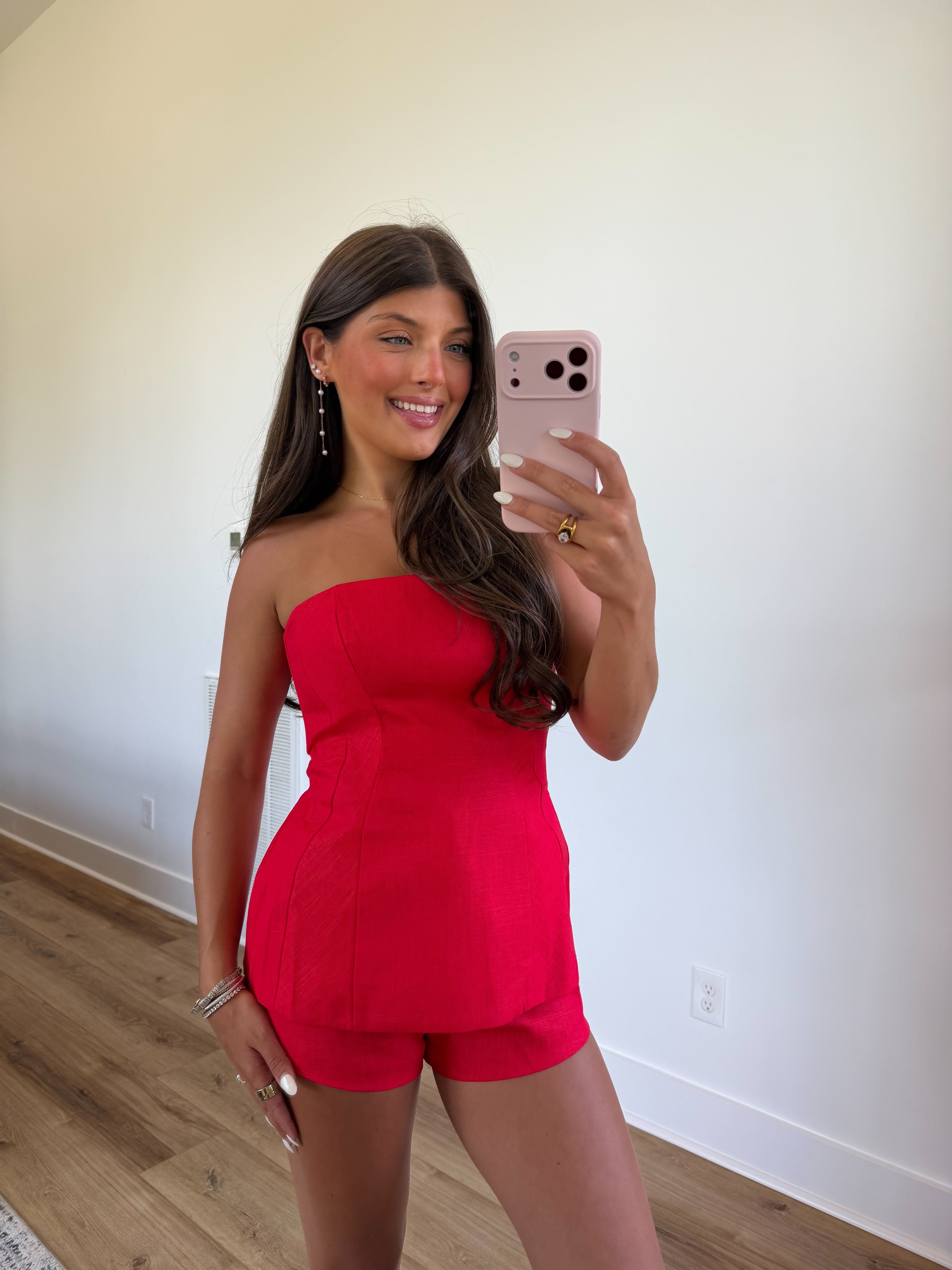 Red Linen Shorts Set