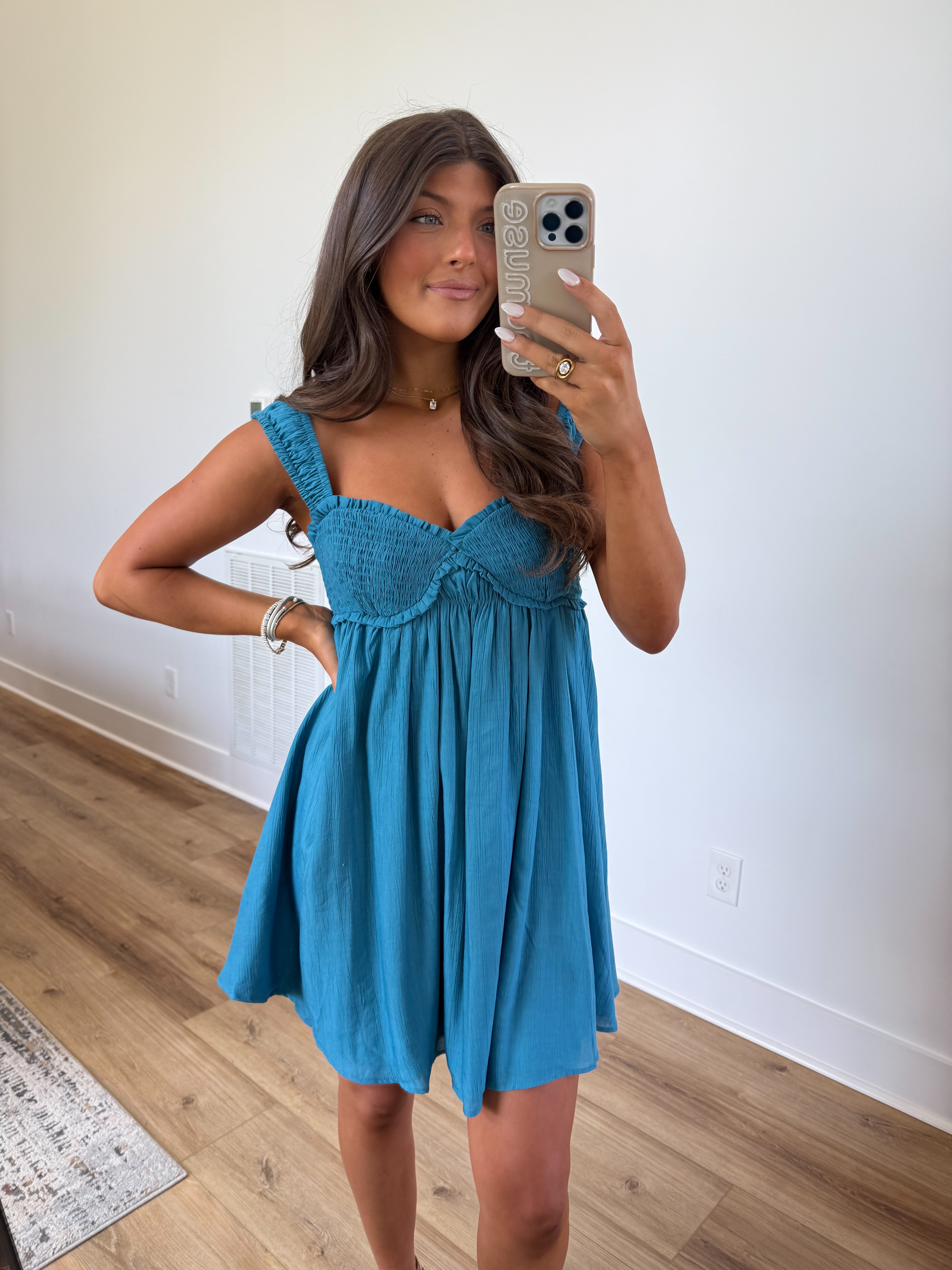 Teal Smocked Mini Dress