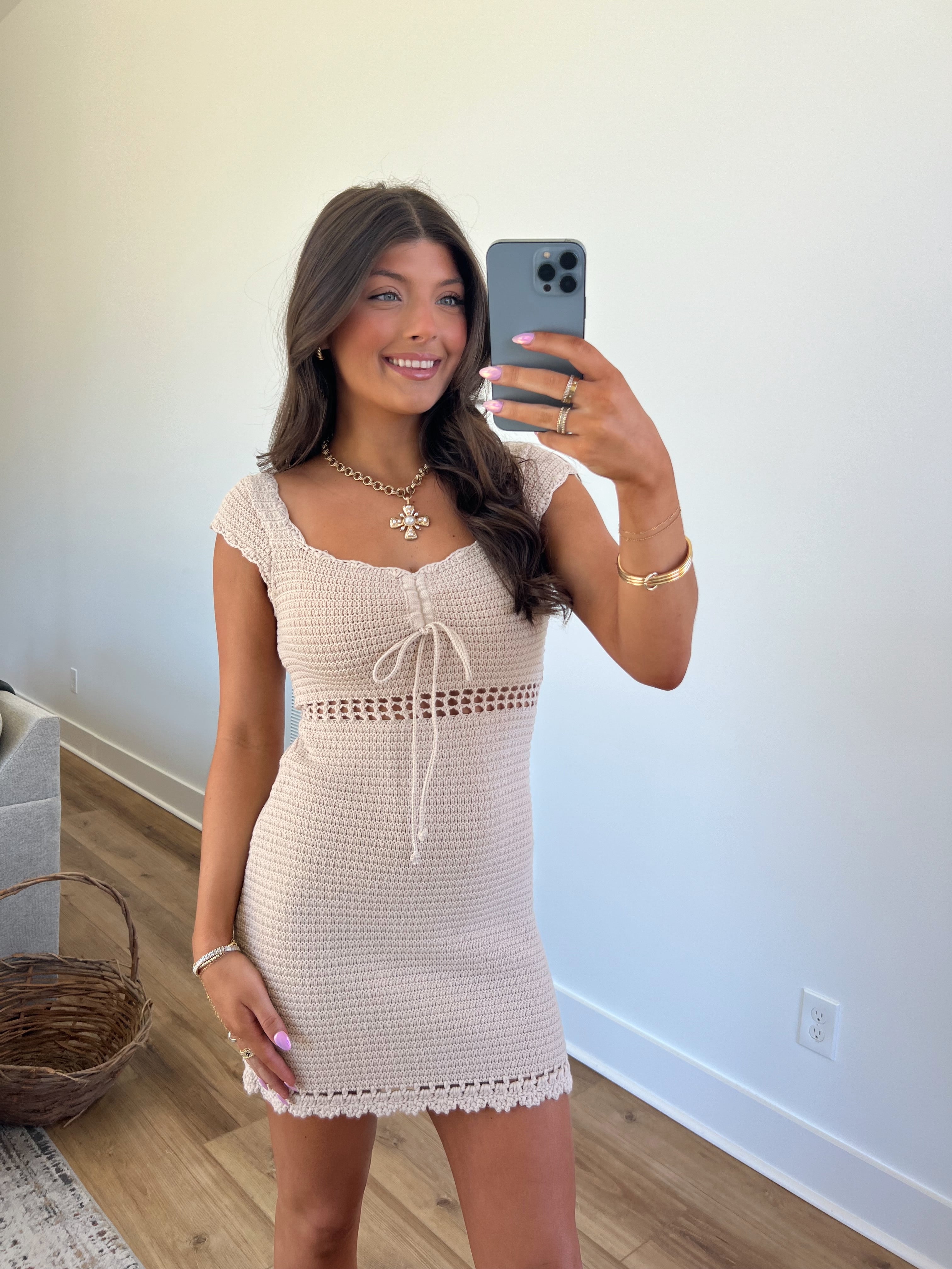 Sand Crochet Mini Dress