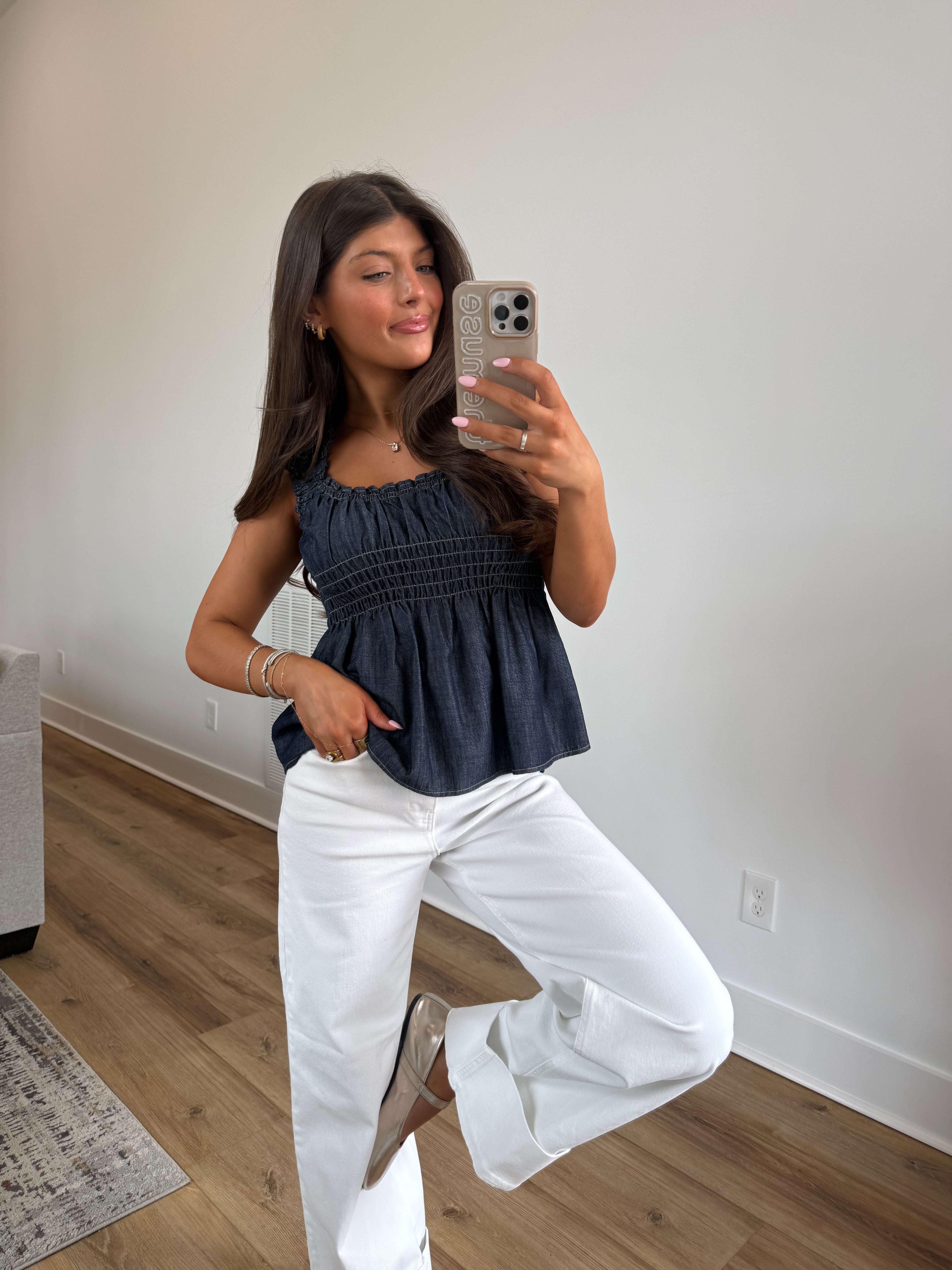 Denim Smocked Peplum Top
