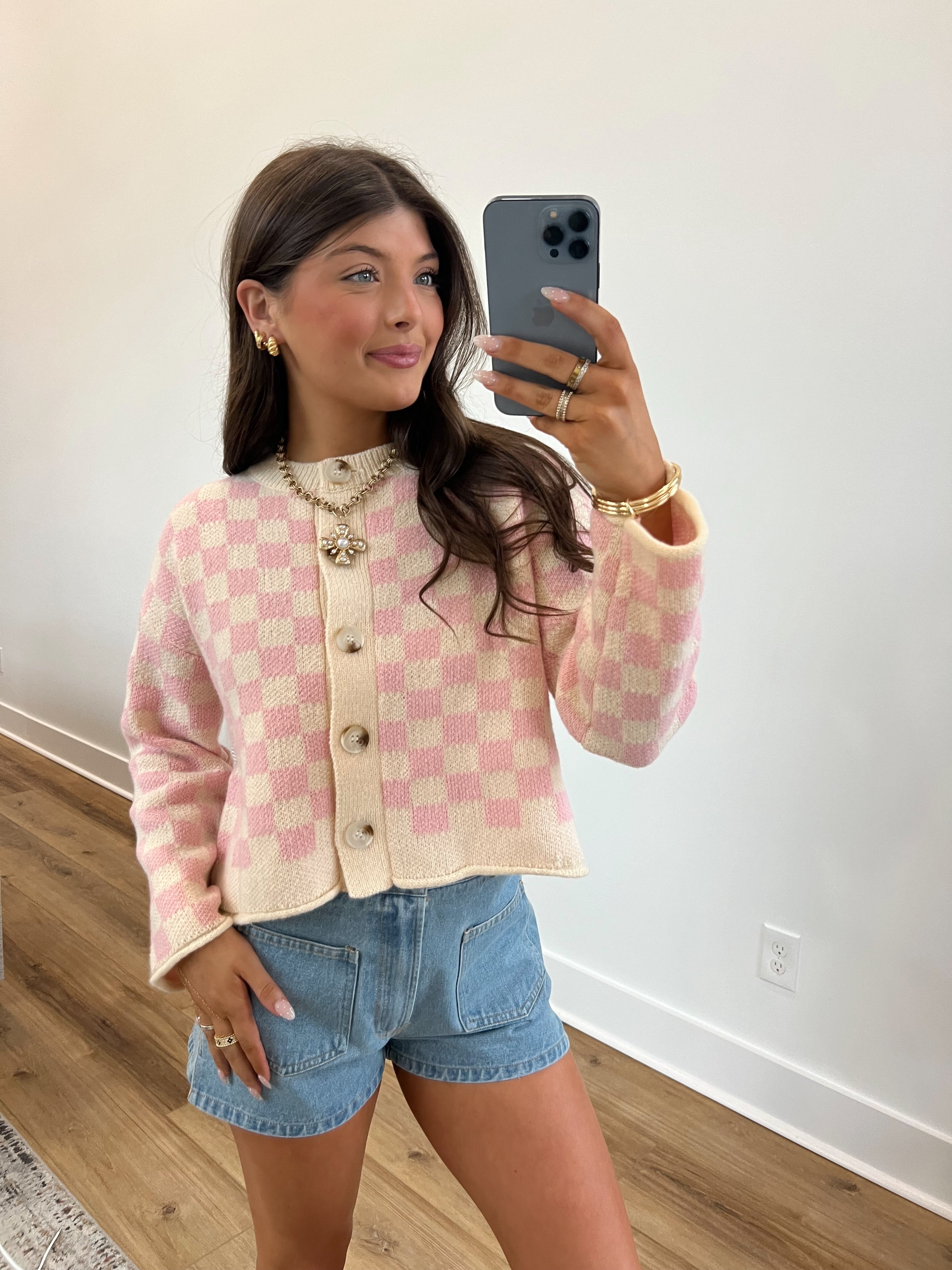 Pink Checkered Cardigan Top