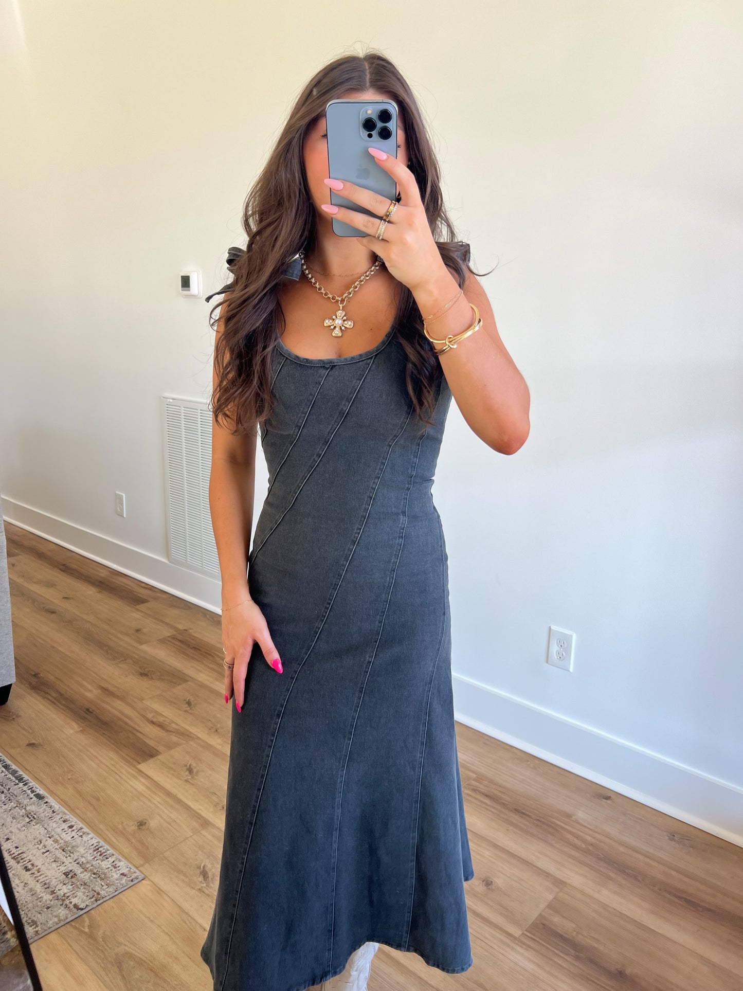 Black Denim Tie Maxi Dress