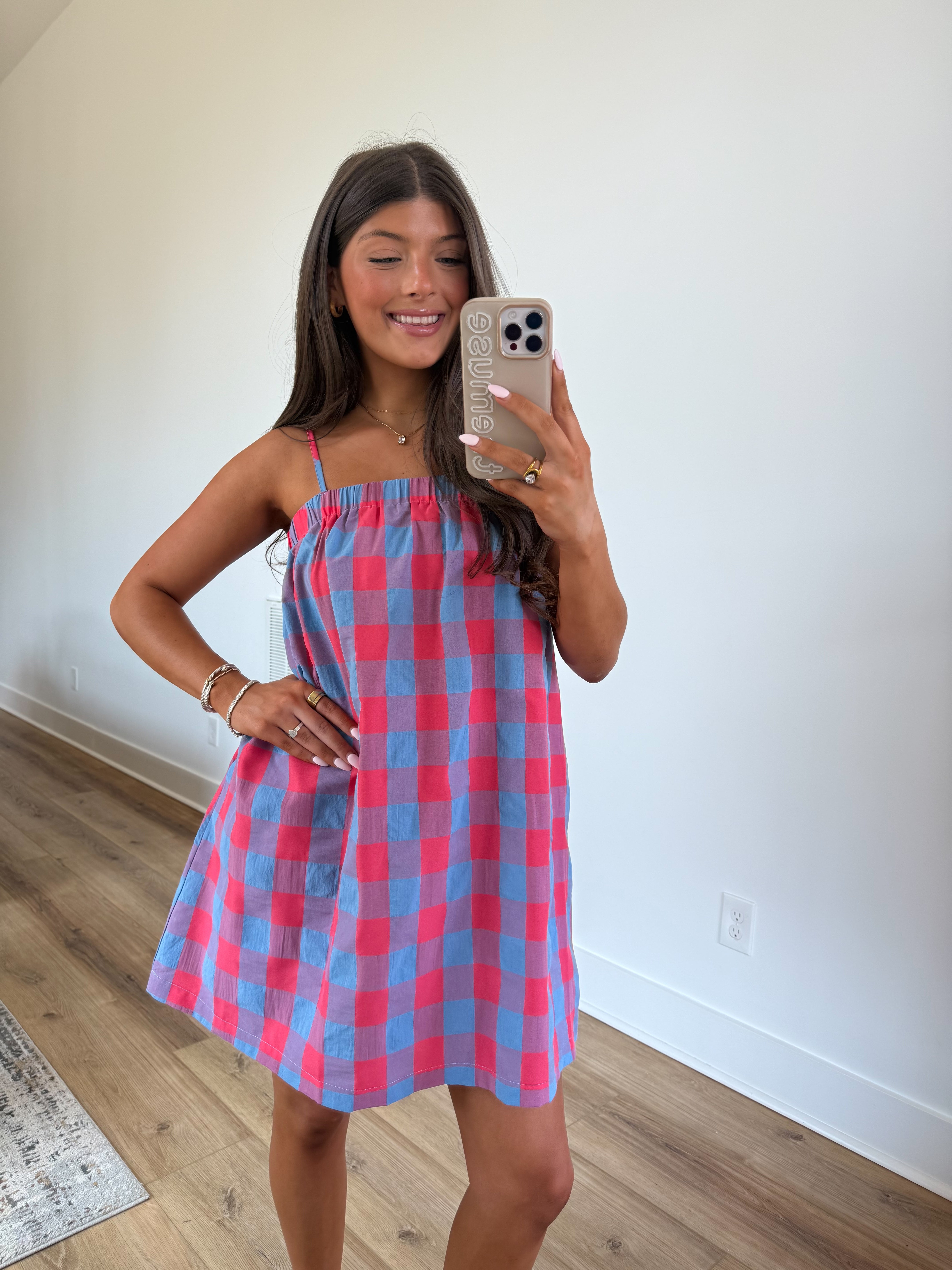 Electric Gingham Mini Dress (Cherry/Blue)