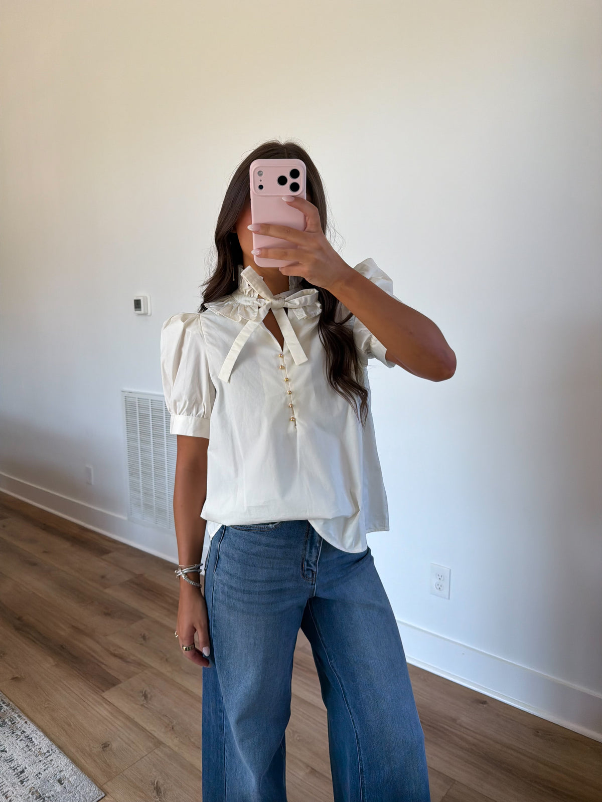 Ruffle Tie Neck Blouse (Cream)