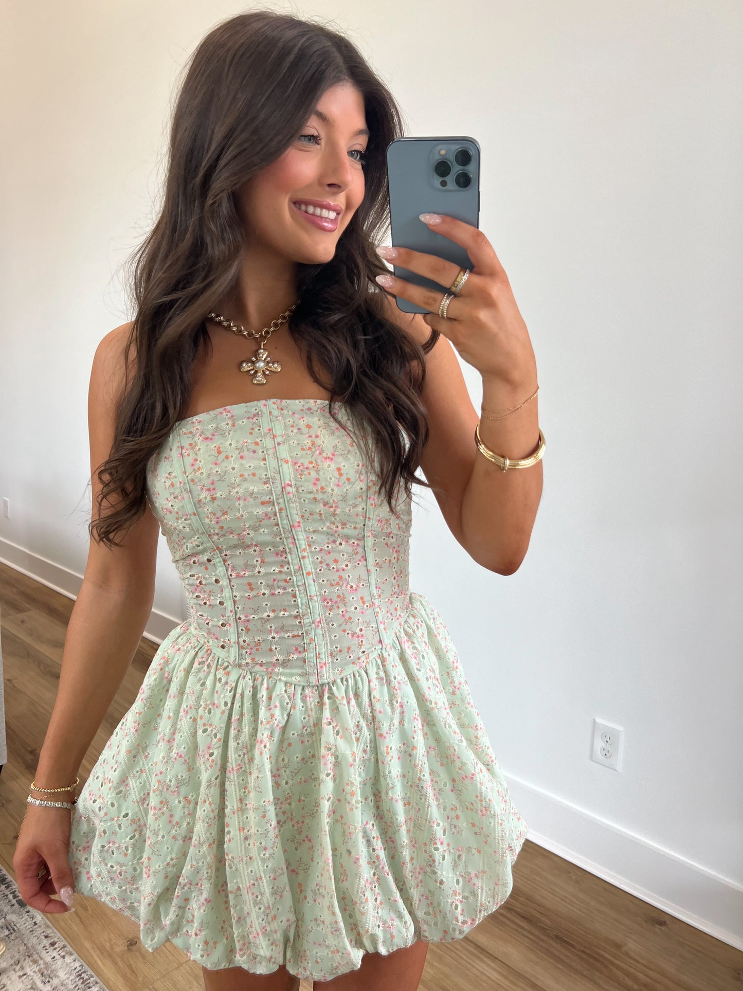 Sage Eyelet Floral Mini Dress