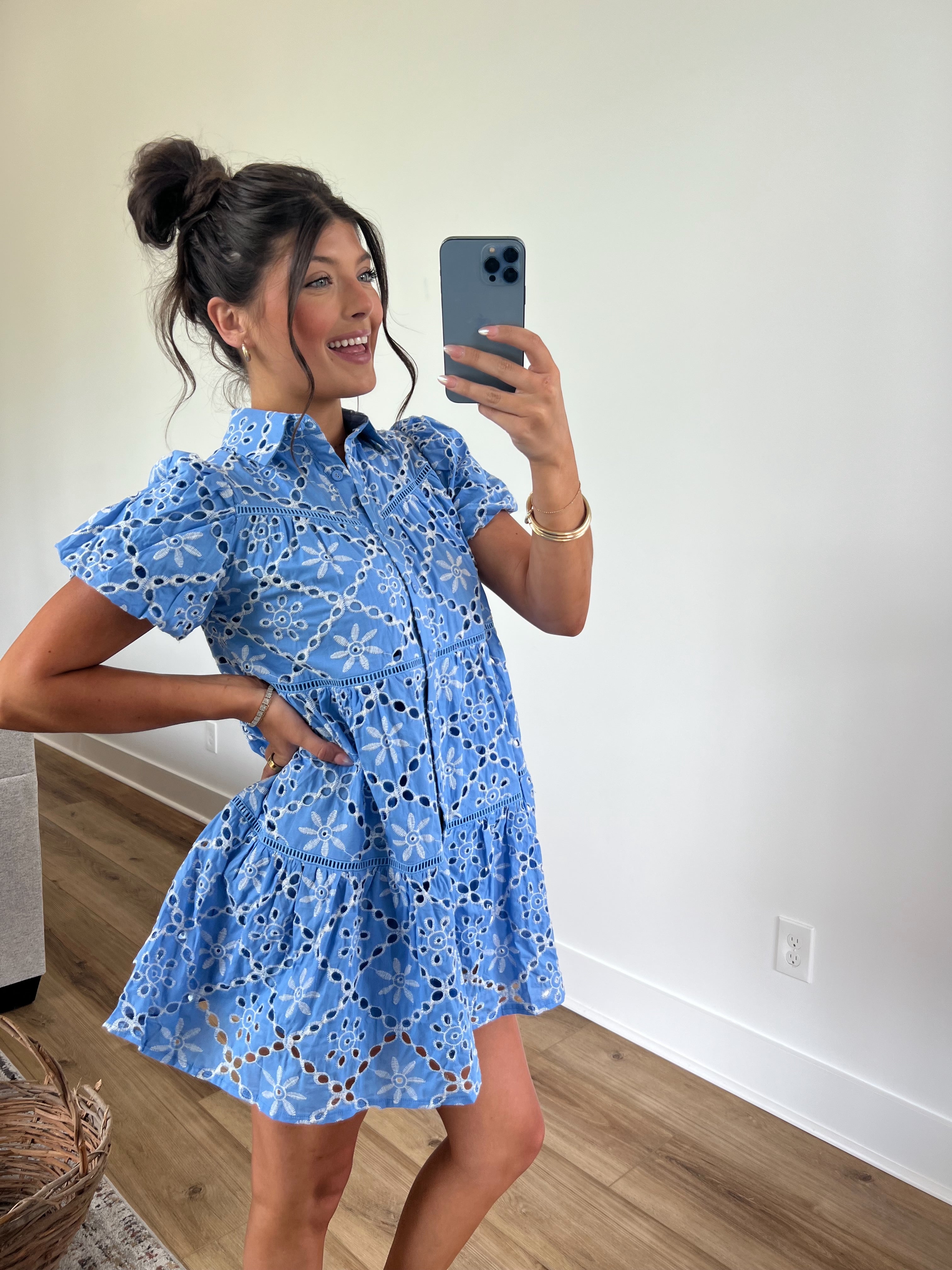 Blue Daisy Eyelet Mini Dress