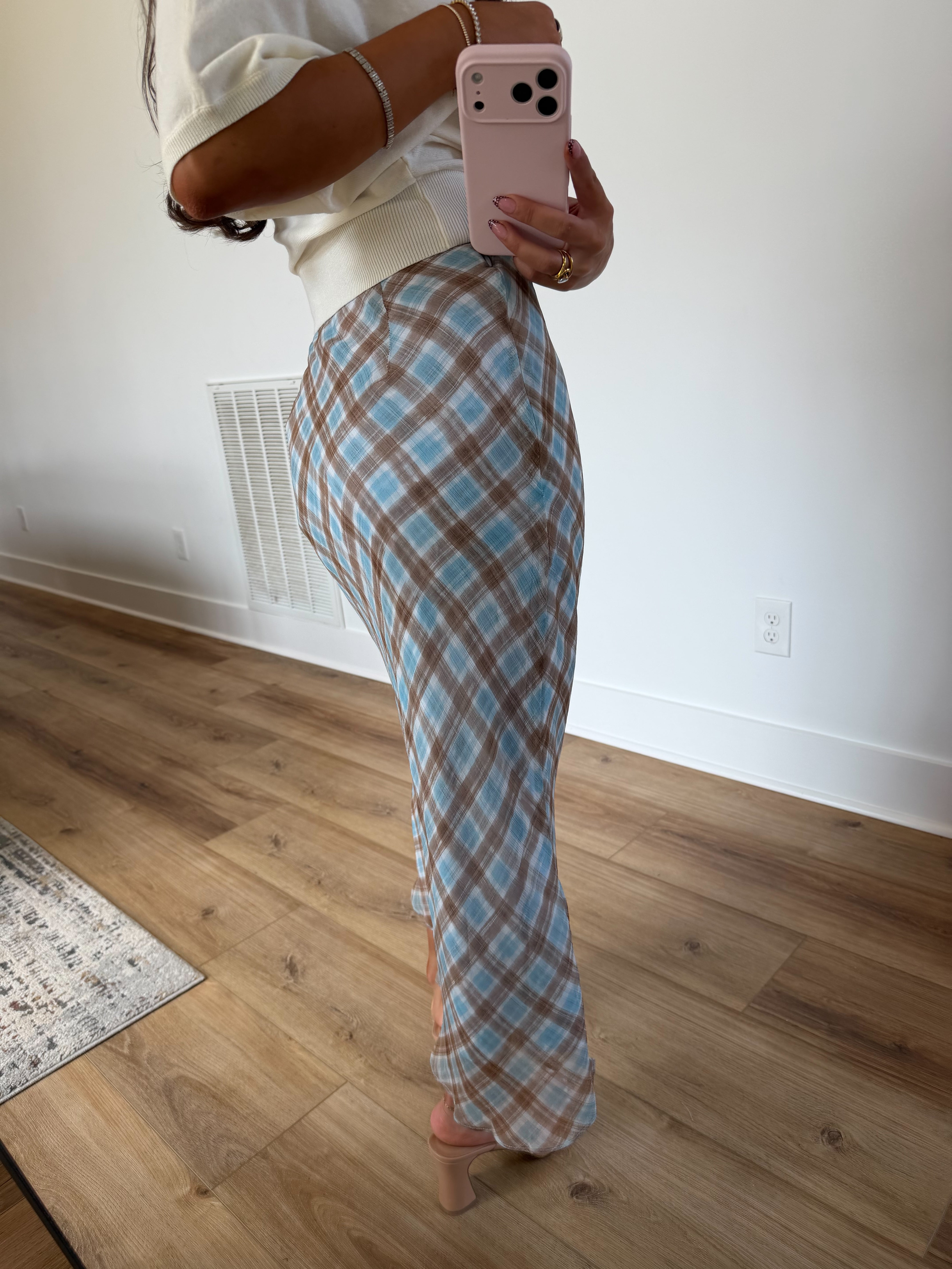 Blue Seams Plaid Midi Skirt