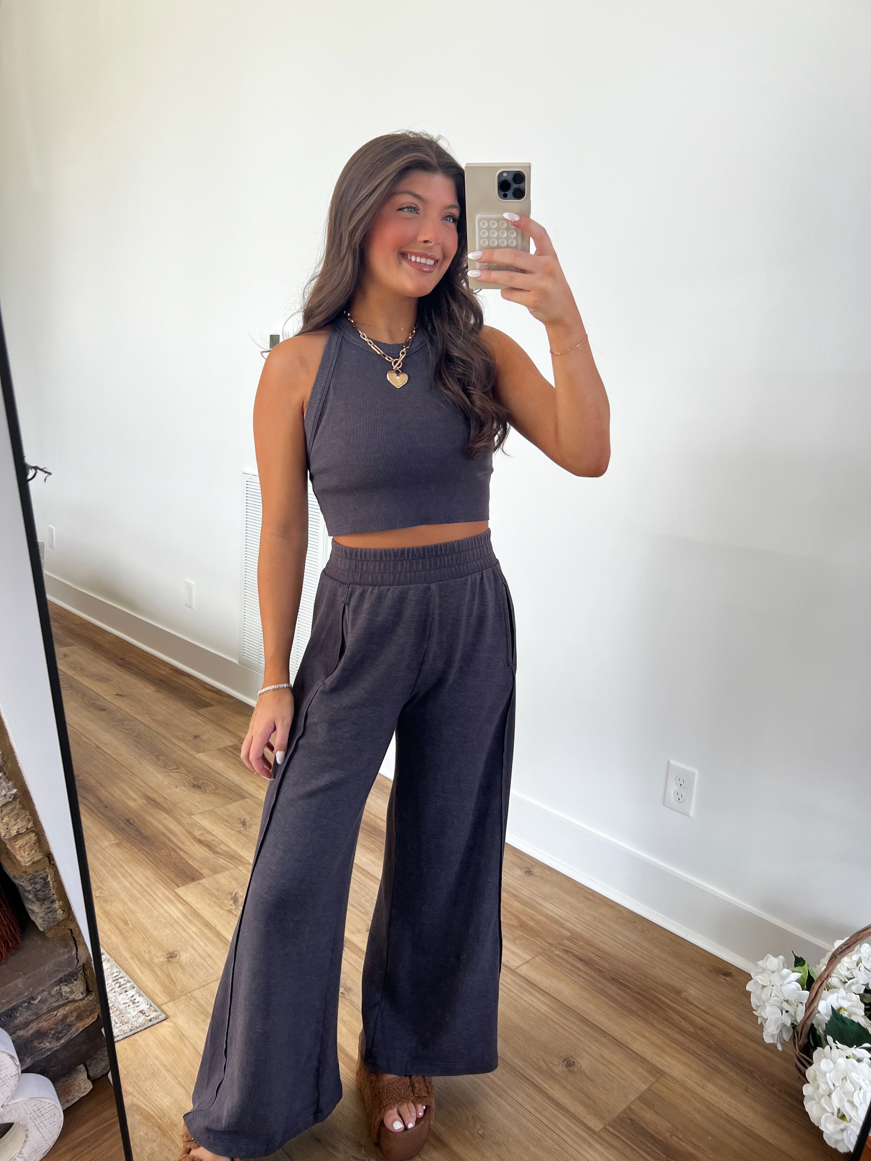 Ribbed Tank Wide Leg Pant Set (Deep Brown)