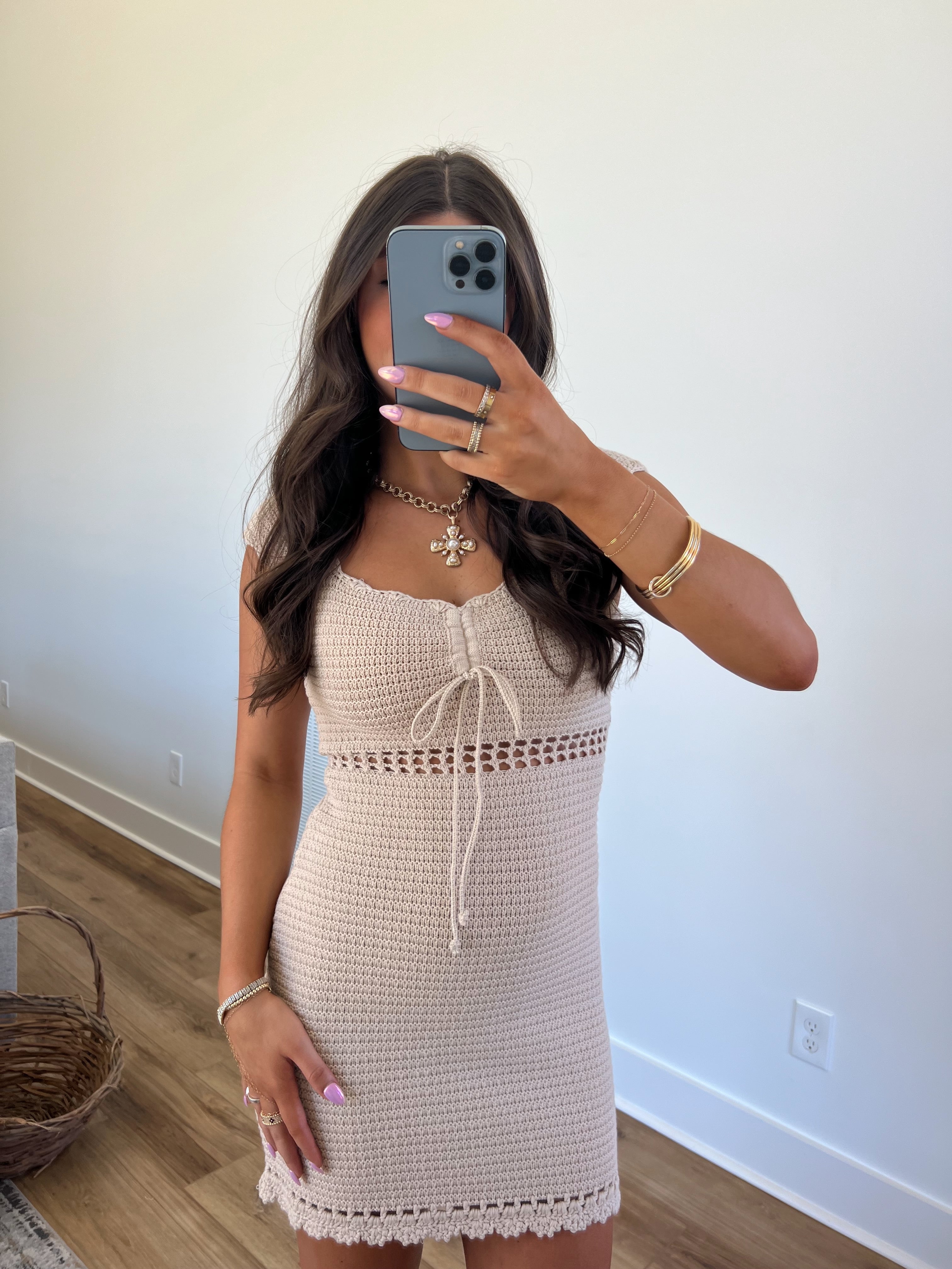 Sand Crochet Mini Dress